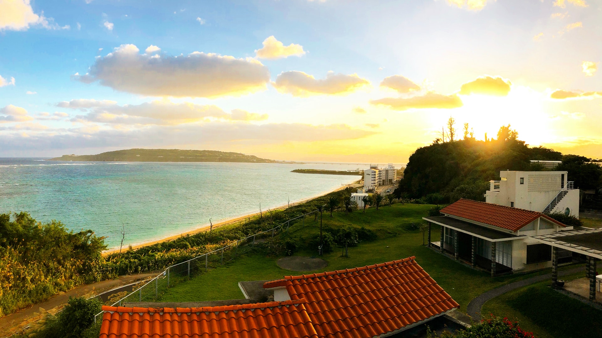 The morning sun from Kouri Island illuminates the site