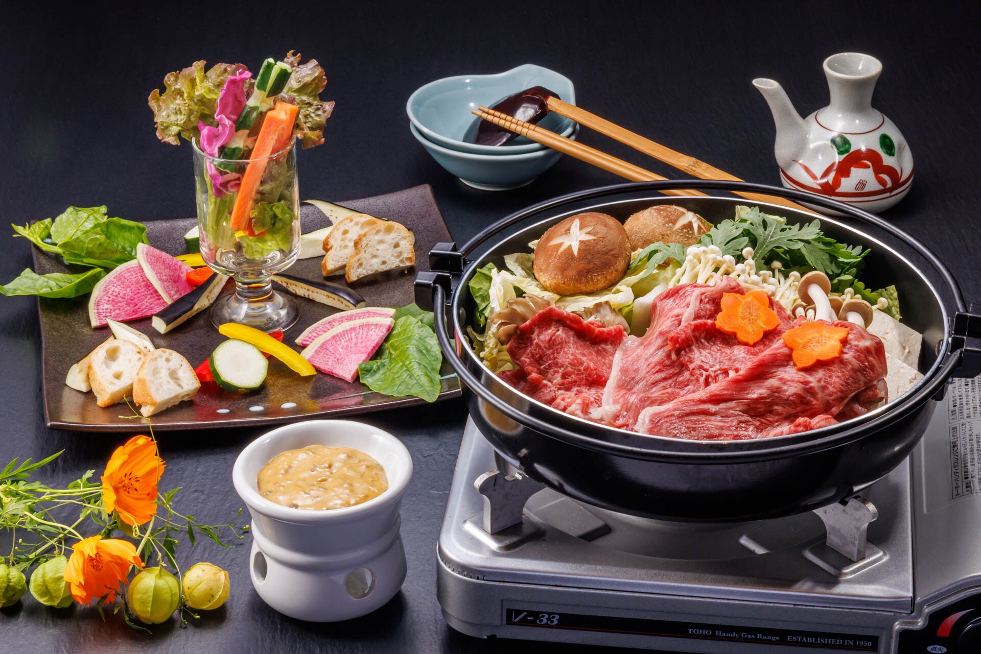 Local vegetable bagna cauda and Bushu beef sukiyaki