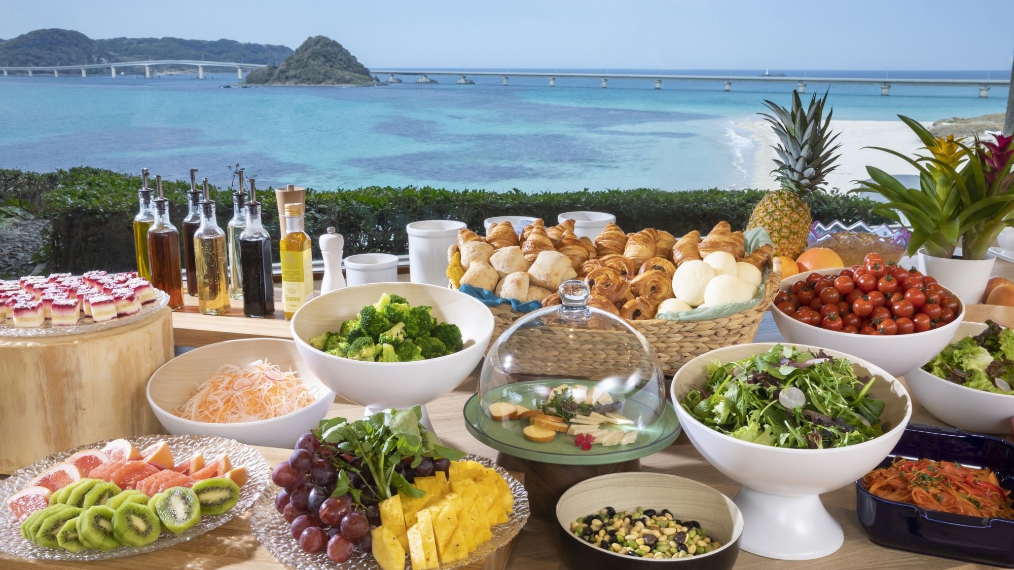 Breakfast Buffet Dining with a View of the Cobalt Blue Sea and Tsunoshima Ohashi Bridge