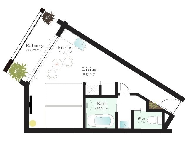 [Twin room 33m2] Floor plan of 2 semi-double beds and kitchen