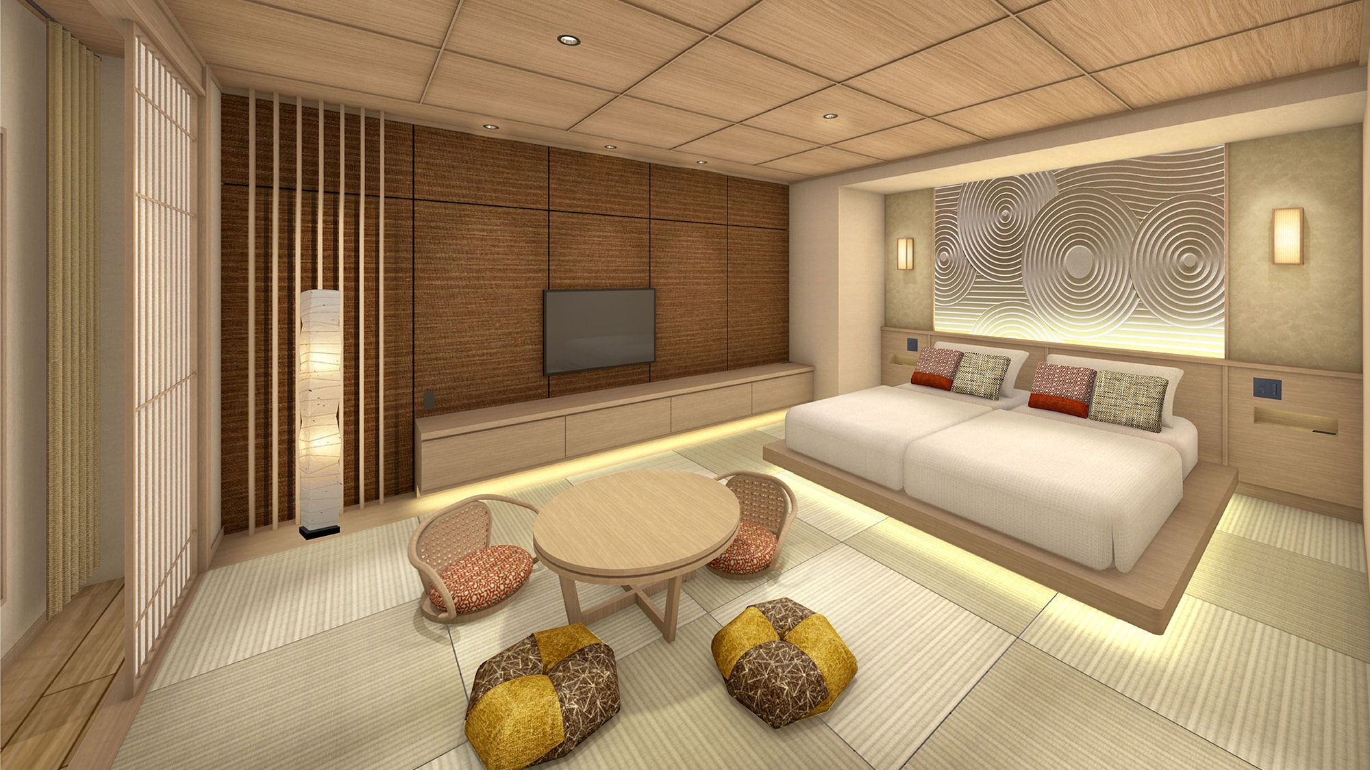 Kamar tamu modern Jepang dengan pemandian terbuka