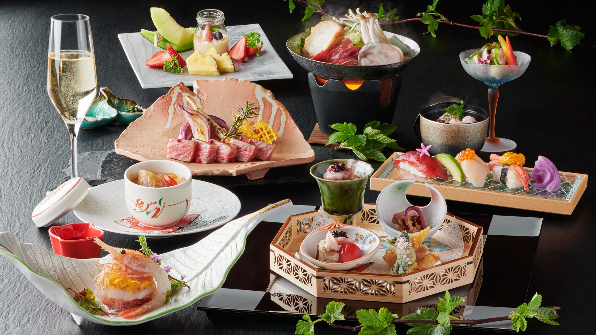 An example of a seasonal premium creative banquet meal made with lavish amounts of carefully selected ingredients selected by the head chef.