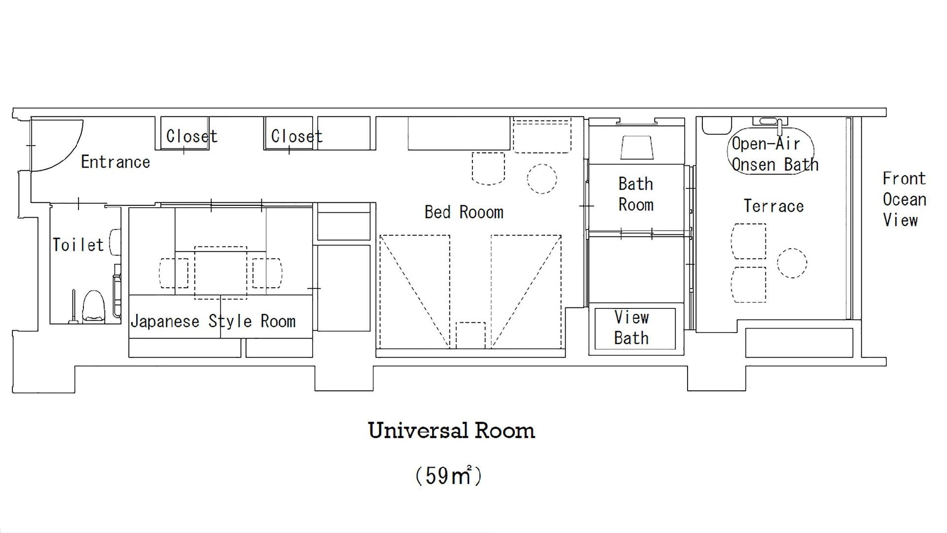  Universal room Japanese and Western room layout. An open-air hot spring bath is attached to the terrace overlooking the sea. View bath, bedroom, Japanese-style room with tatami mats