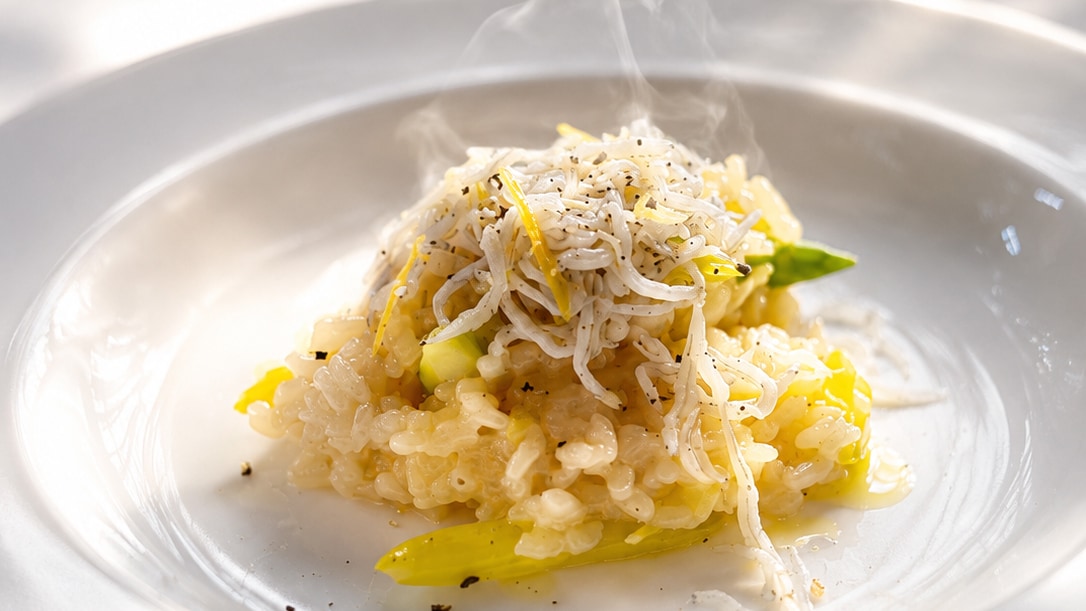 Risotto with seasonal asparagus and whitebait.