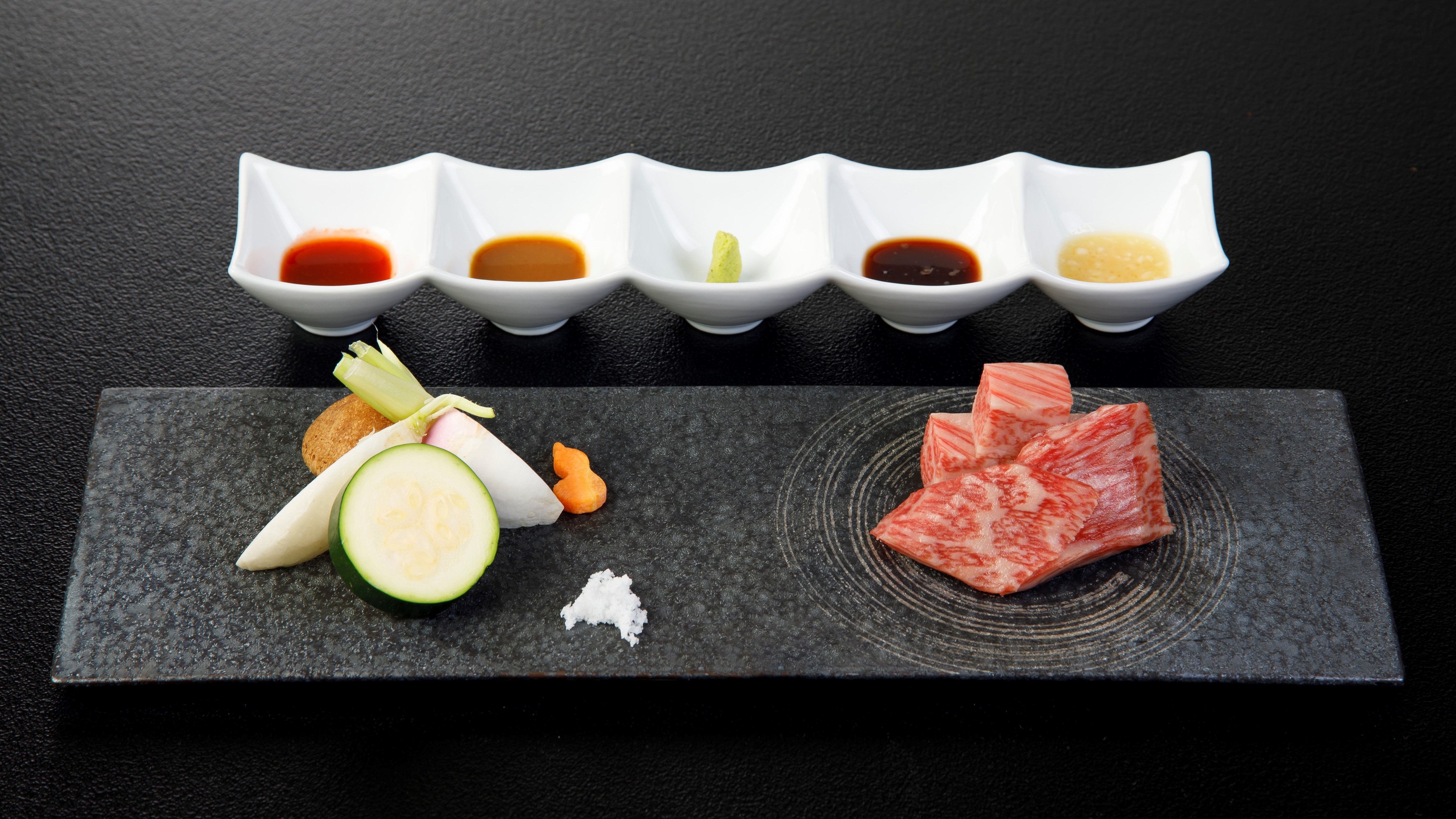 Shizuoka A5 Wagyu beef steak served with five different sauces