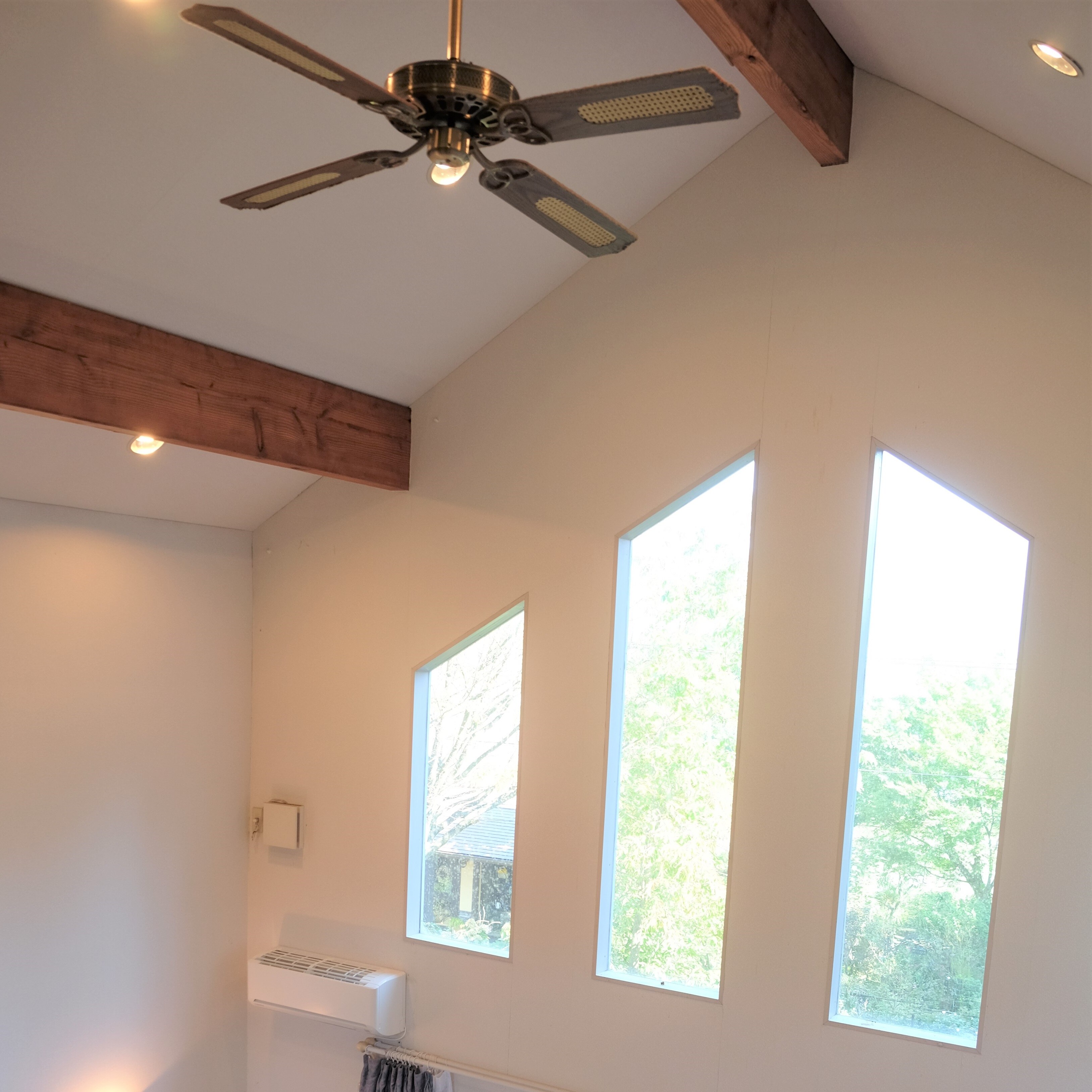 The living room has a ceiling fan.