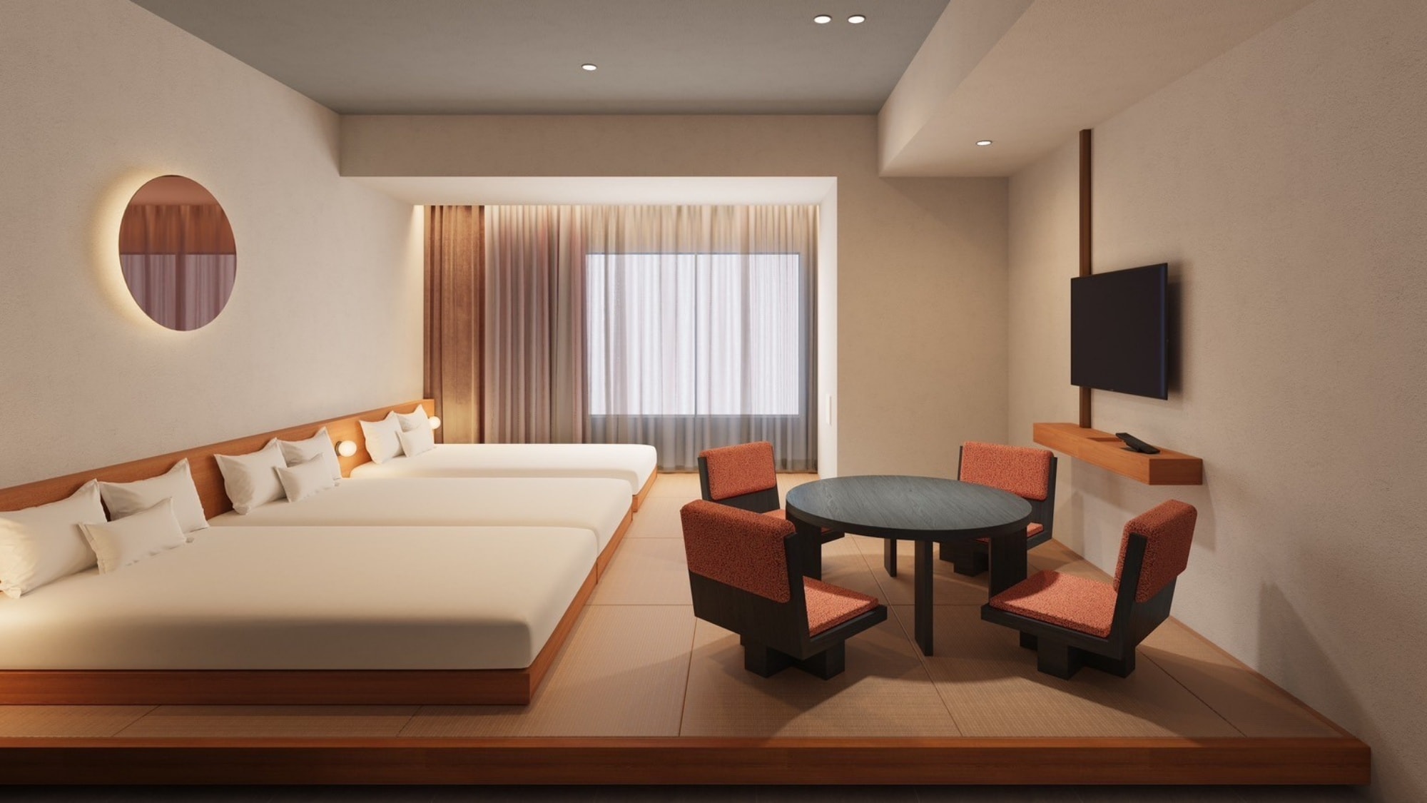 [豪华家庭日式现代房] 3张床和1套蒲团。有一个小榻榻米区，可以脱鞋休息。