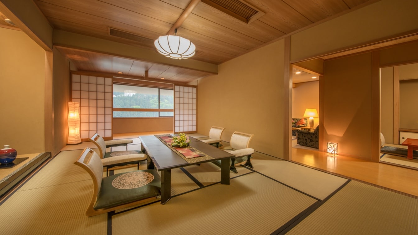 ห้องพิเศษ "Suiho" ที่ชั้นบนสุดของ Taikanso 12 เสื่อทาทามิ ห้องแบบญี่ปุ่น + 7.5 เสื่อทาทามิ ห้องถัดไป