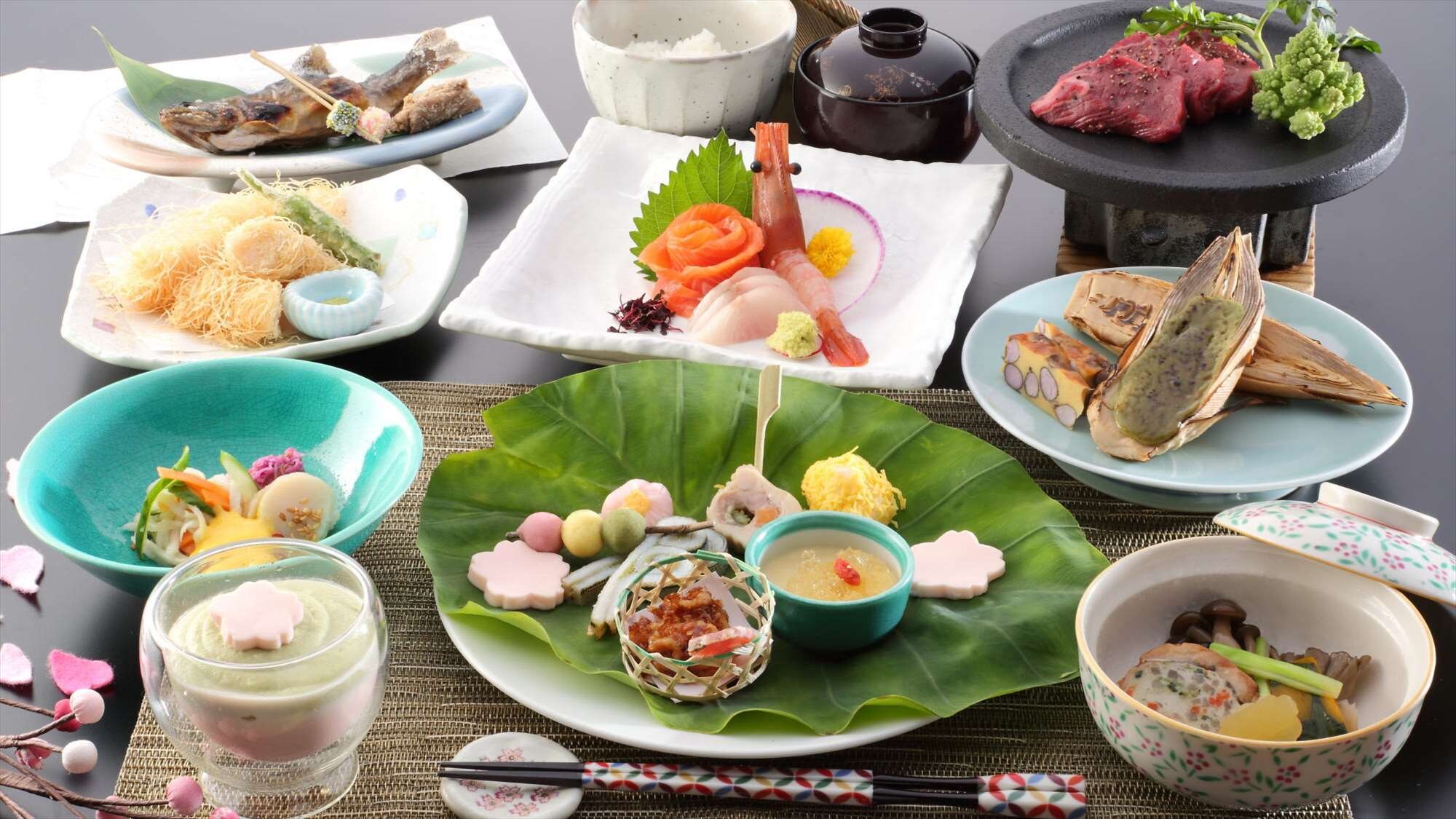 春季晚餐的示例 - 我们提供使用当地食材烹制的菜肴，并且每月都会更换。 ~※图片