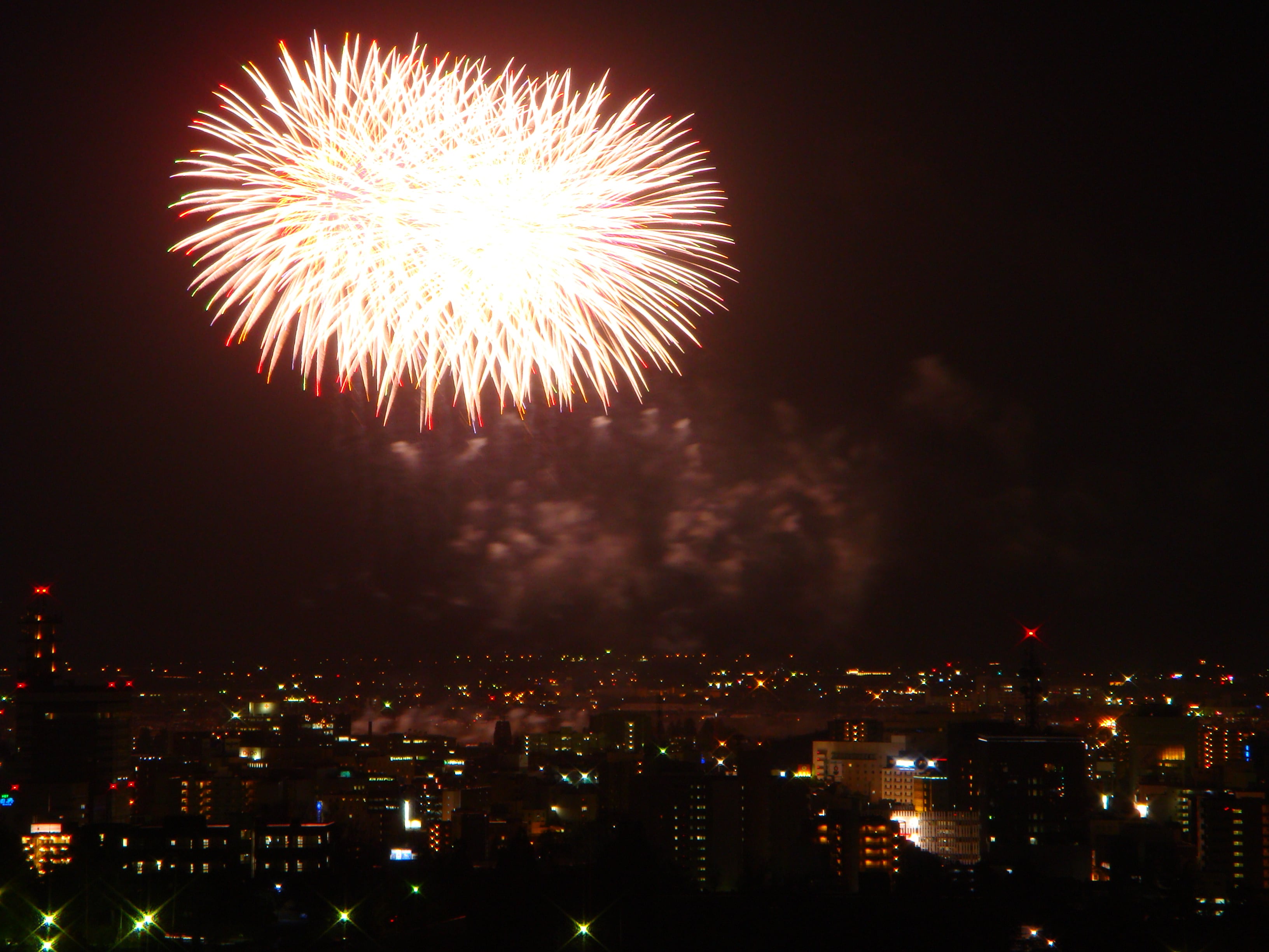 [Fireworks display seen from the guest room]
