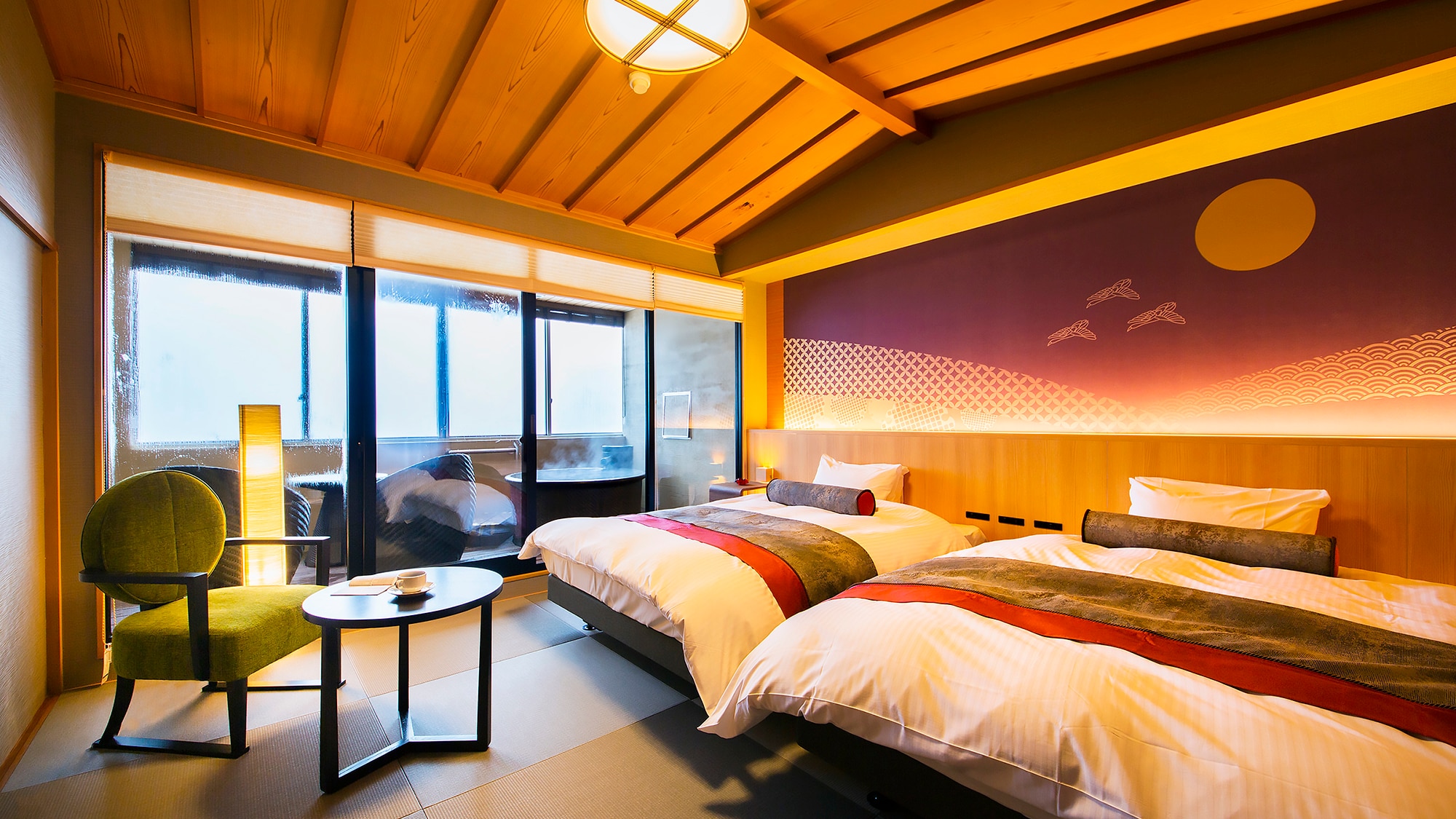 [Guest room with open-air bath on the top floor-moonlit night view]