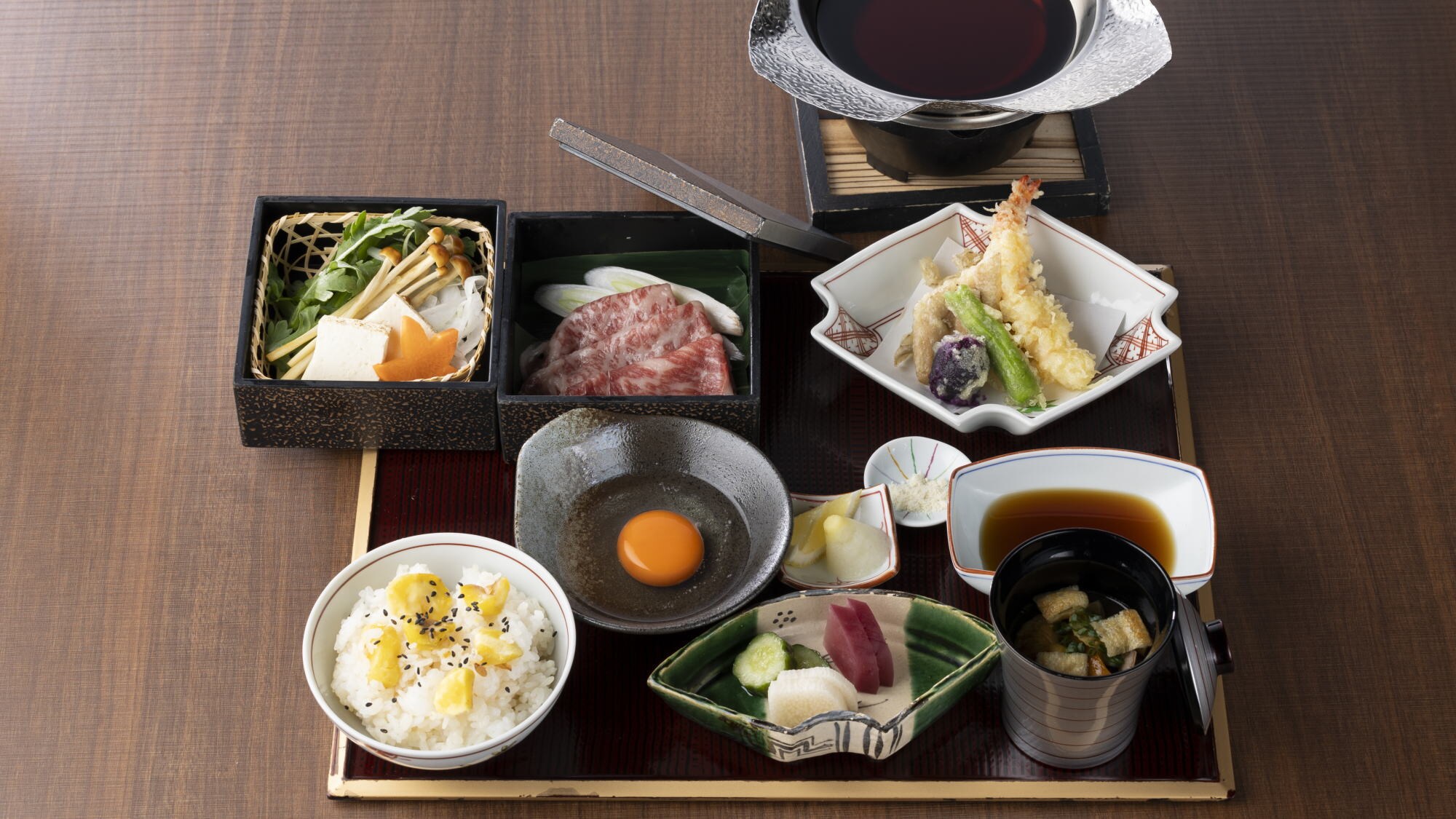 Autumn creative Japanese cuisine: fried food, meat dishes, rice, pickles, soup