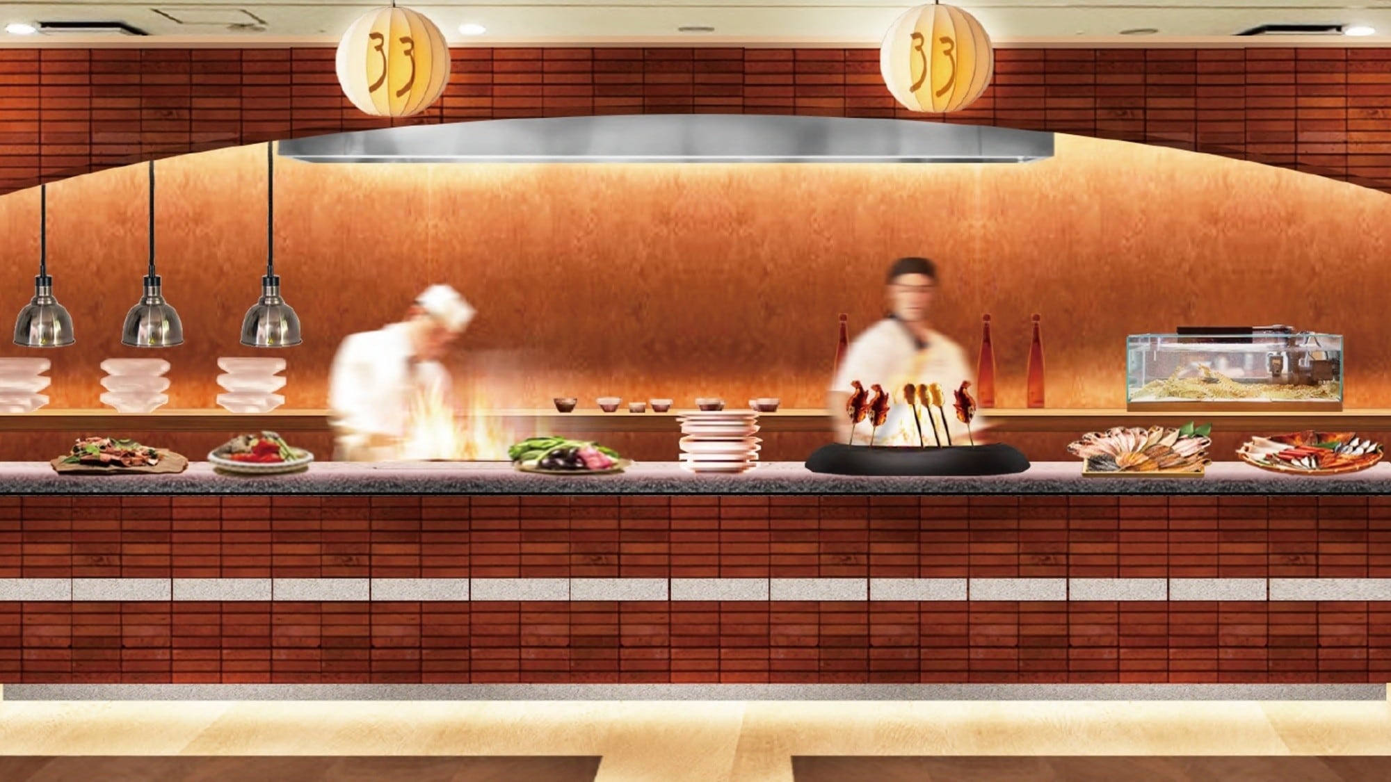 [Dining Hall] "33 (Sansa)" Equipped with a "live kitchen" where you can enjoy the hearth and teppanyaki right in front of you. *Image