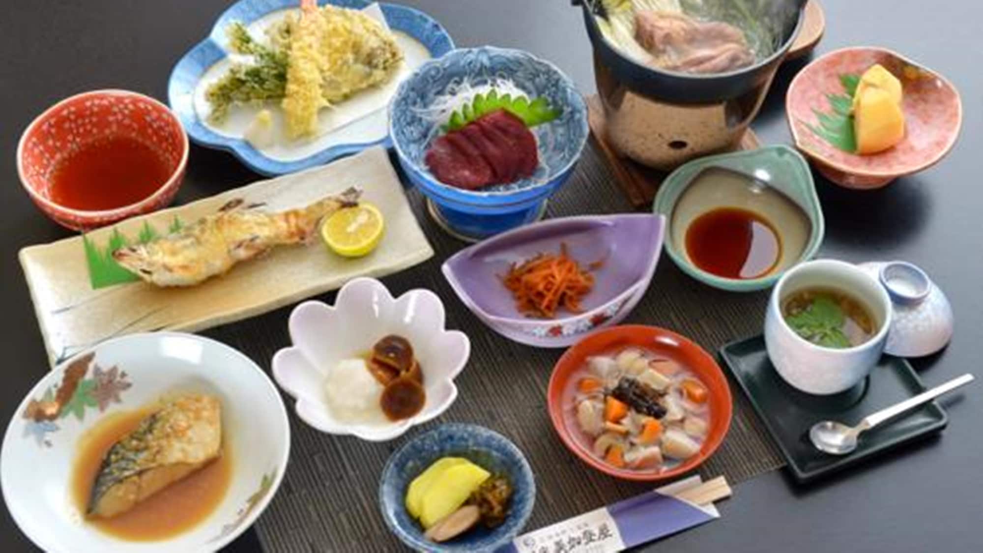 * Supper example / Local cuisine using Aizu's famous cherry sashimi and locally harvested wild plants and mushrooms.