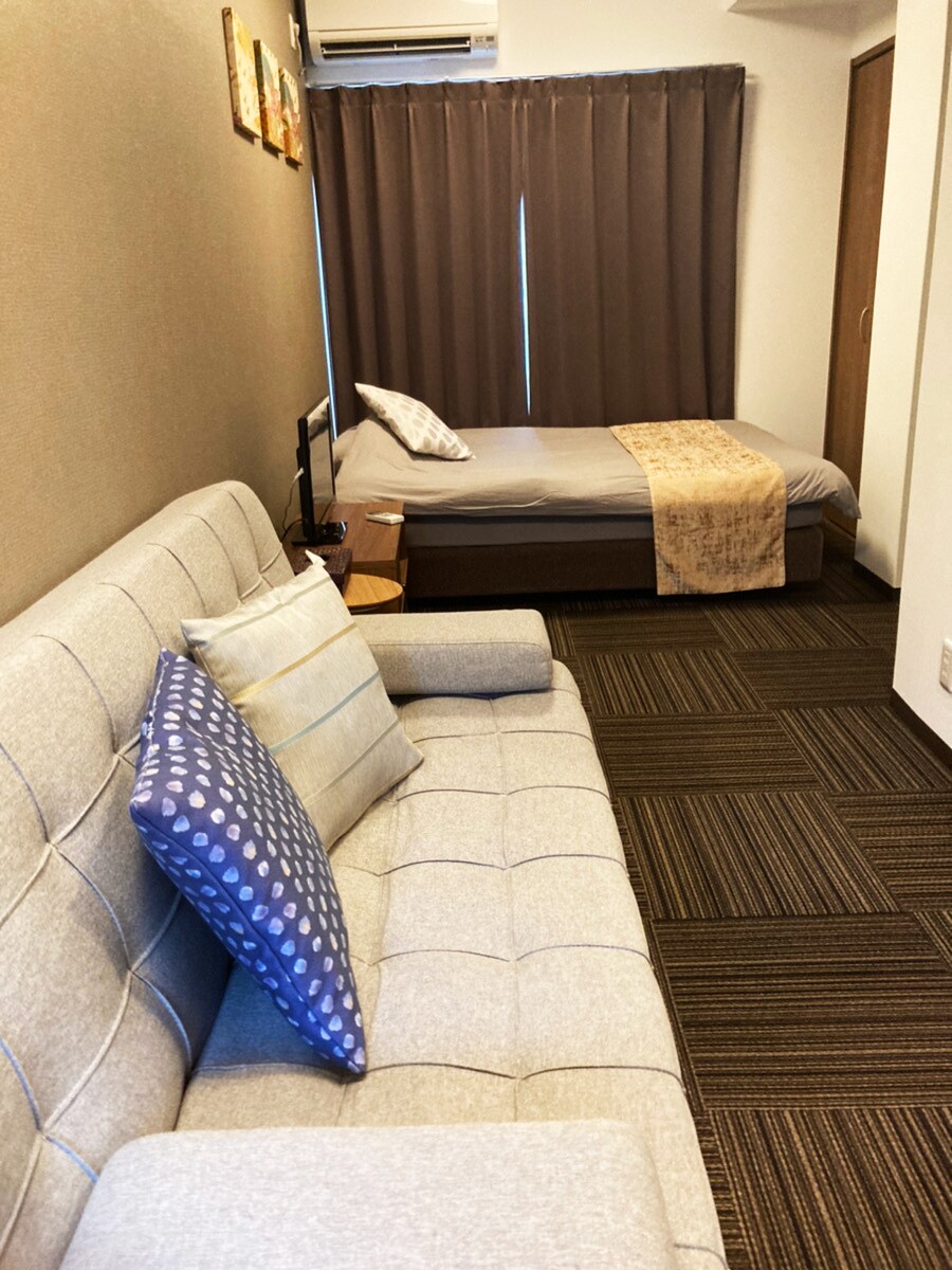 Single bed room. There is a sofa. The second person will set the sofa on the bed. 3rd person
