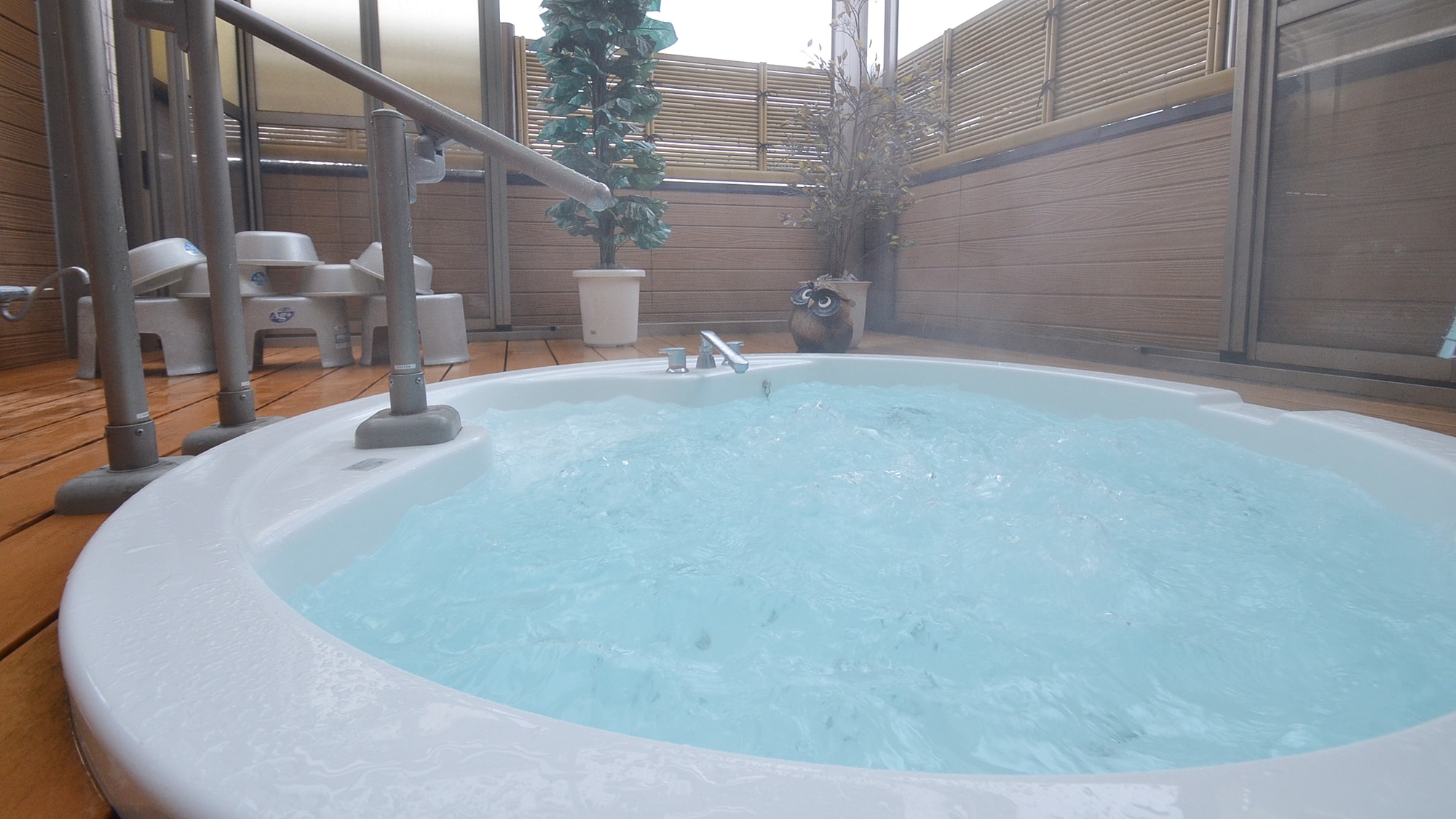 * The bath in the hotel is a jacuzzi on the top floor.
