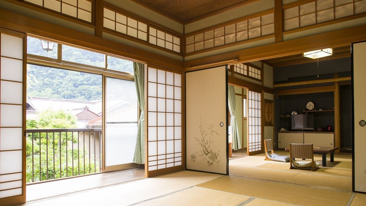 The spacious Japanese-style room is perfect for groups or two families.