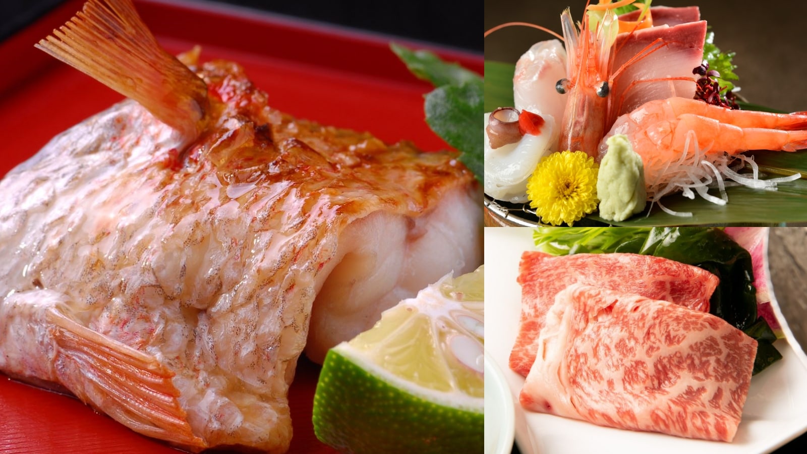 可以享用被称为白肉肥金枪鱼的高级鱼类“nodokuro”的怀石料理、新泻和牛、使用日本海鲜制作的生鱼片※烹饪示例