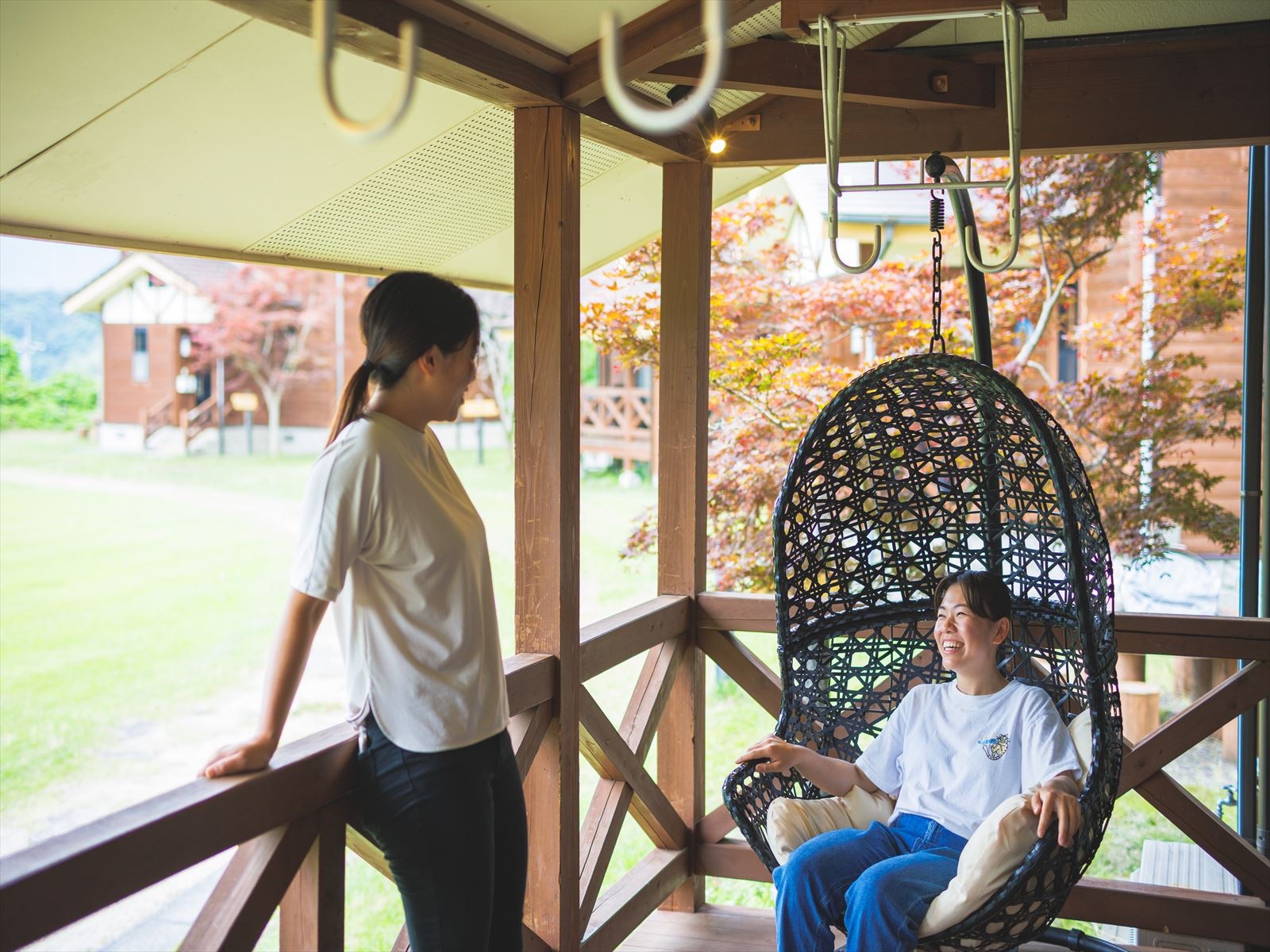 Relaxing in a hammock chair on the cottage terrace