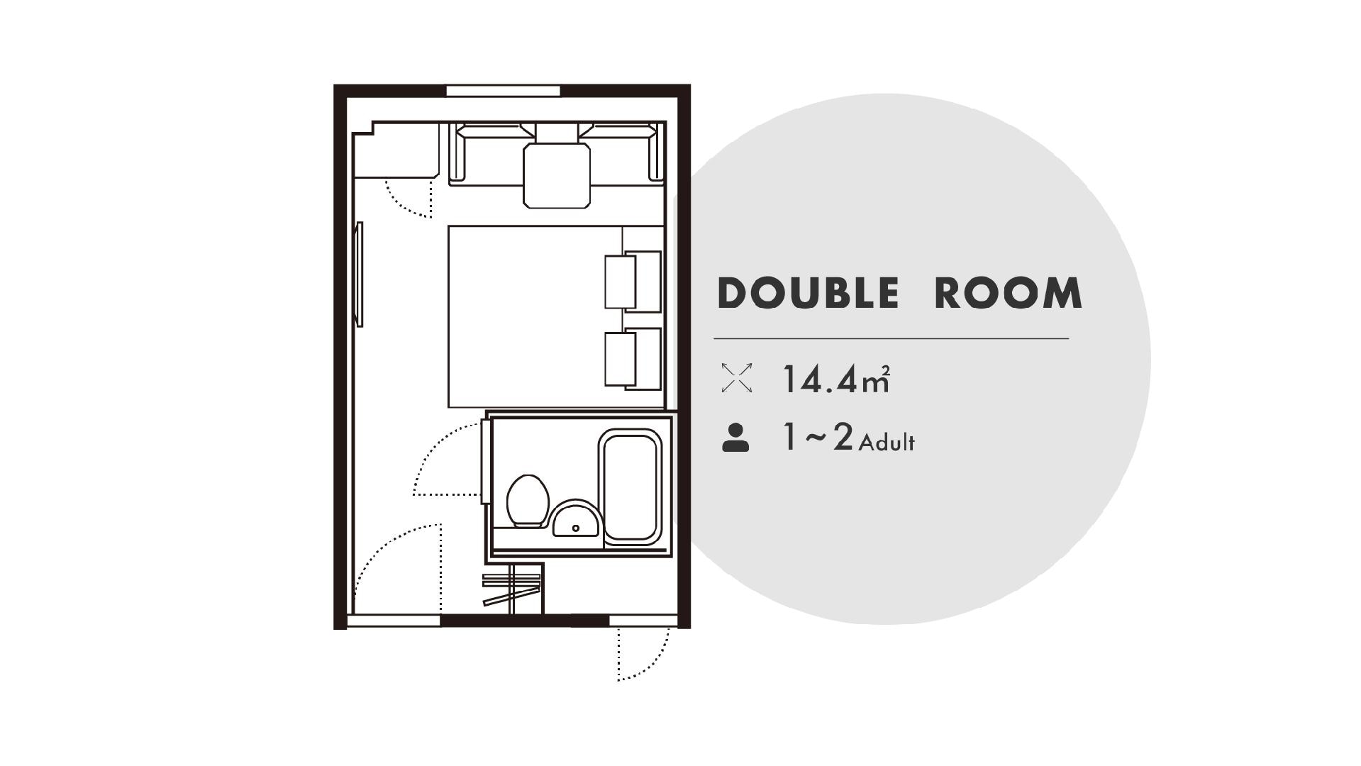 Phòng đôi 14,4㎡, giường rộng 163cm x 195cm, 1 giường