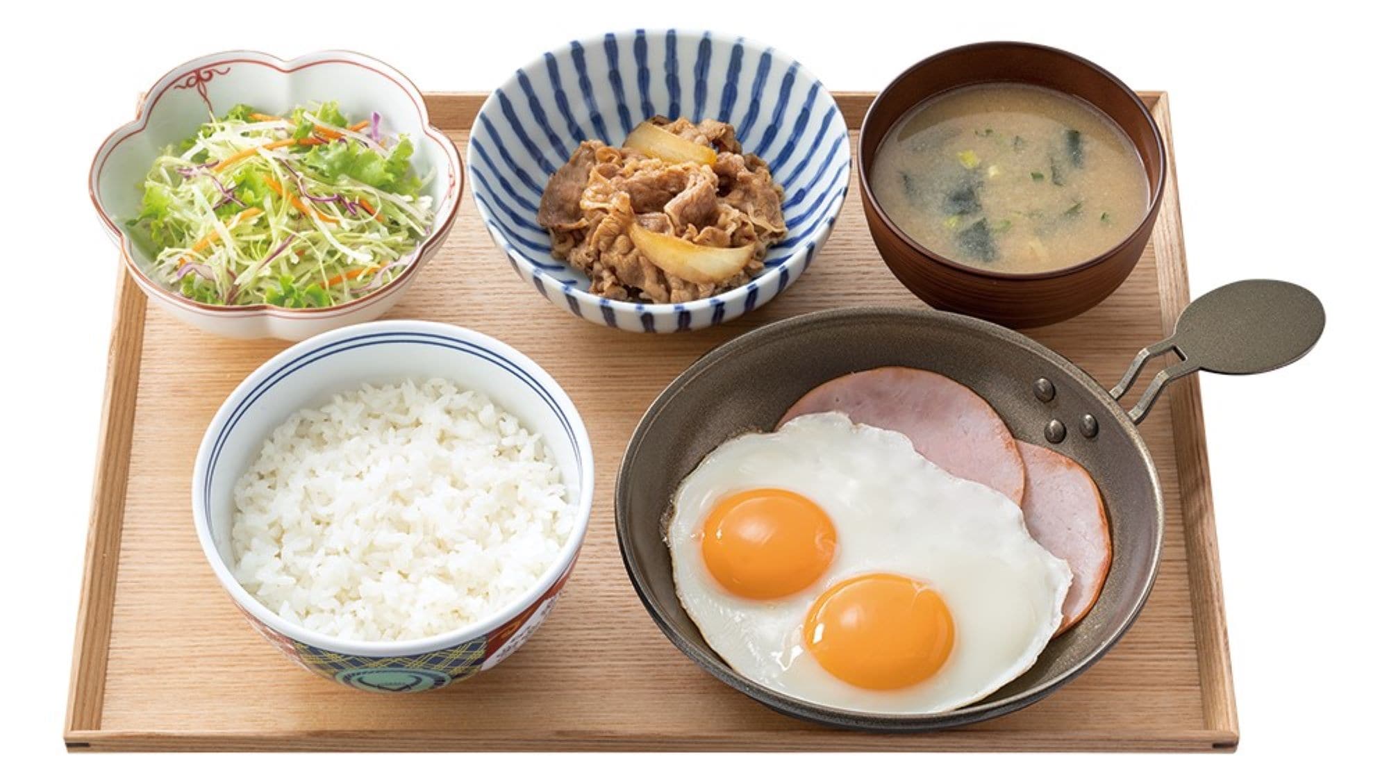 [Changes effective from March 31st] Free breakfast service at Yoshinoya: Double ham and egg beef bowl set meal