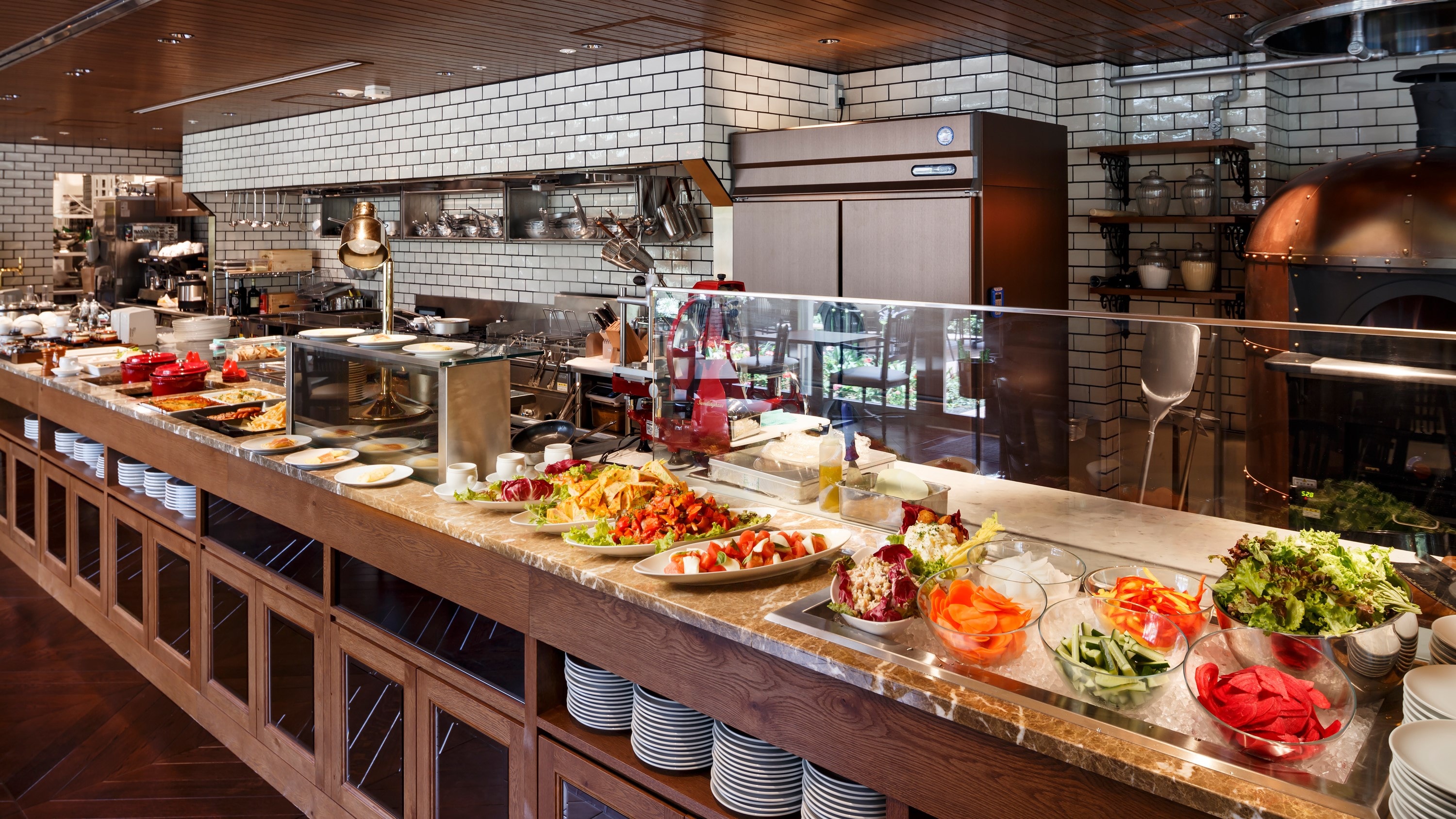 Buffet counter with colorful dishes