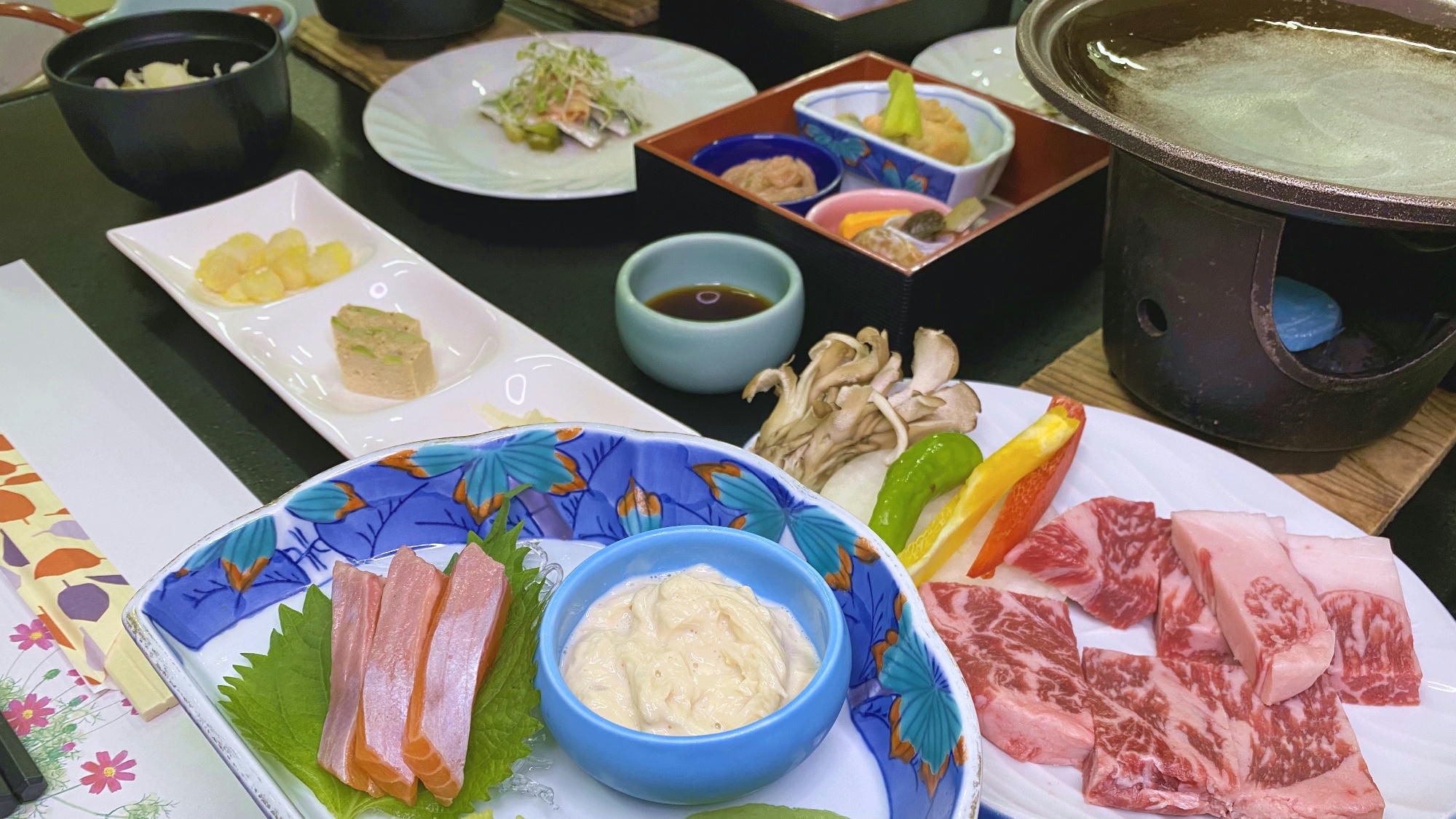 [Sango Kaiseki set with Joshu beef burn-in on a ceramic plate]