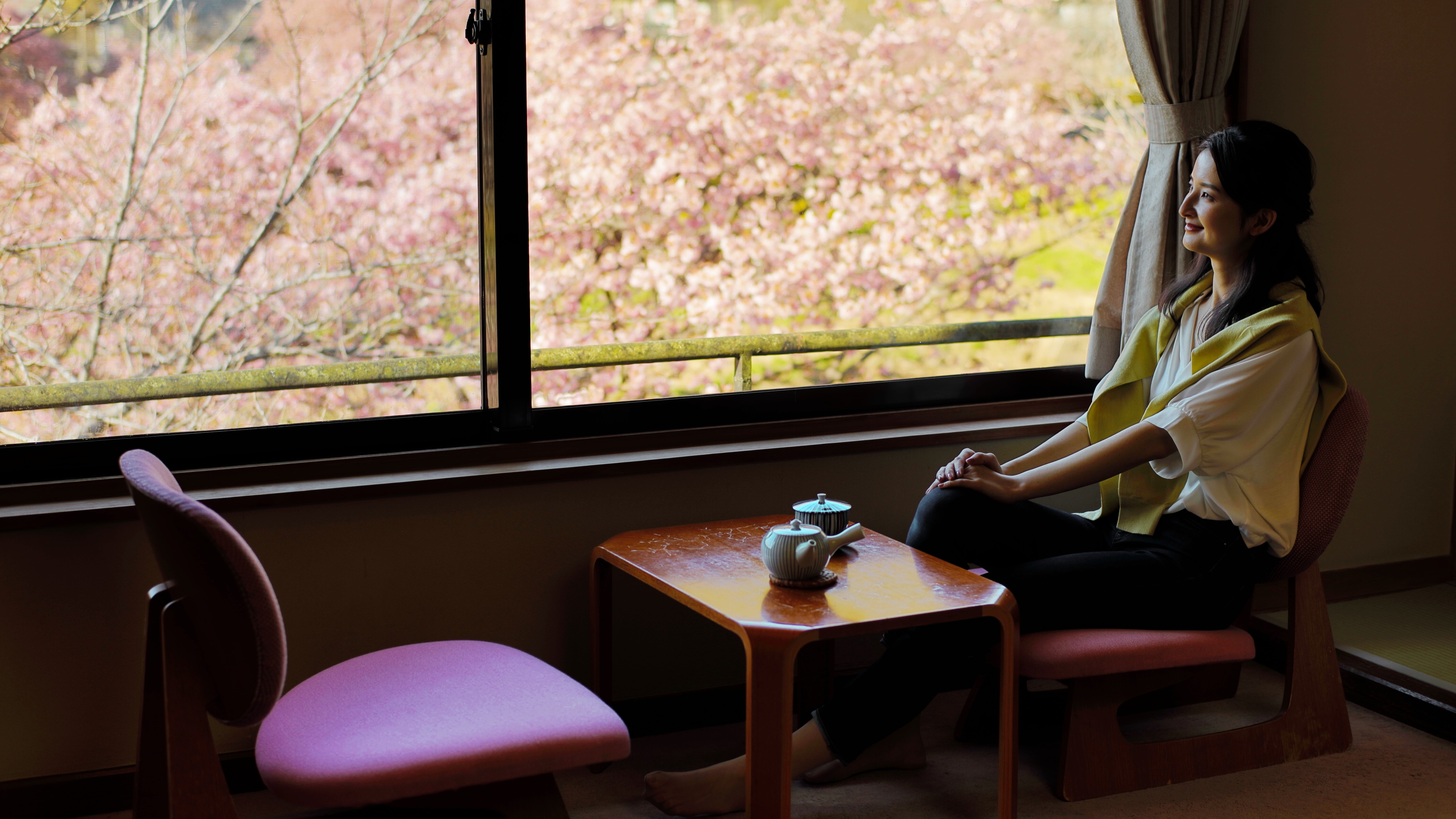 In spring, you can enjoy the cherry blossoms from the second floor.