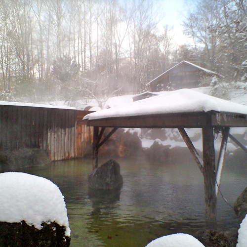A winter open-air bath surrounded by a pure white silver world