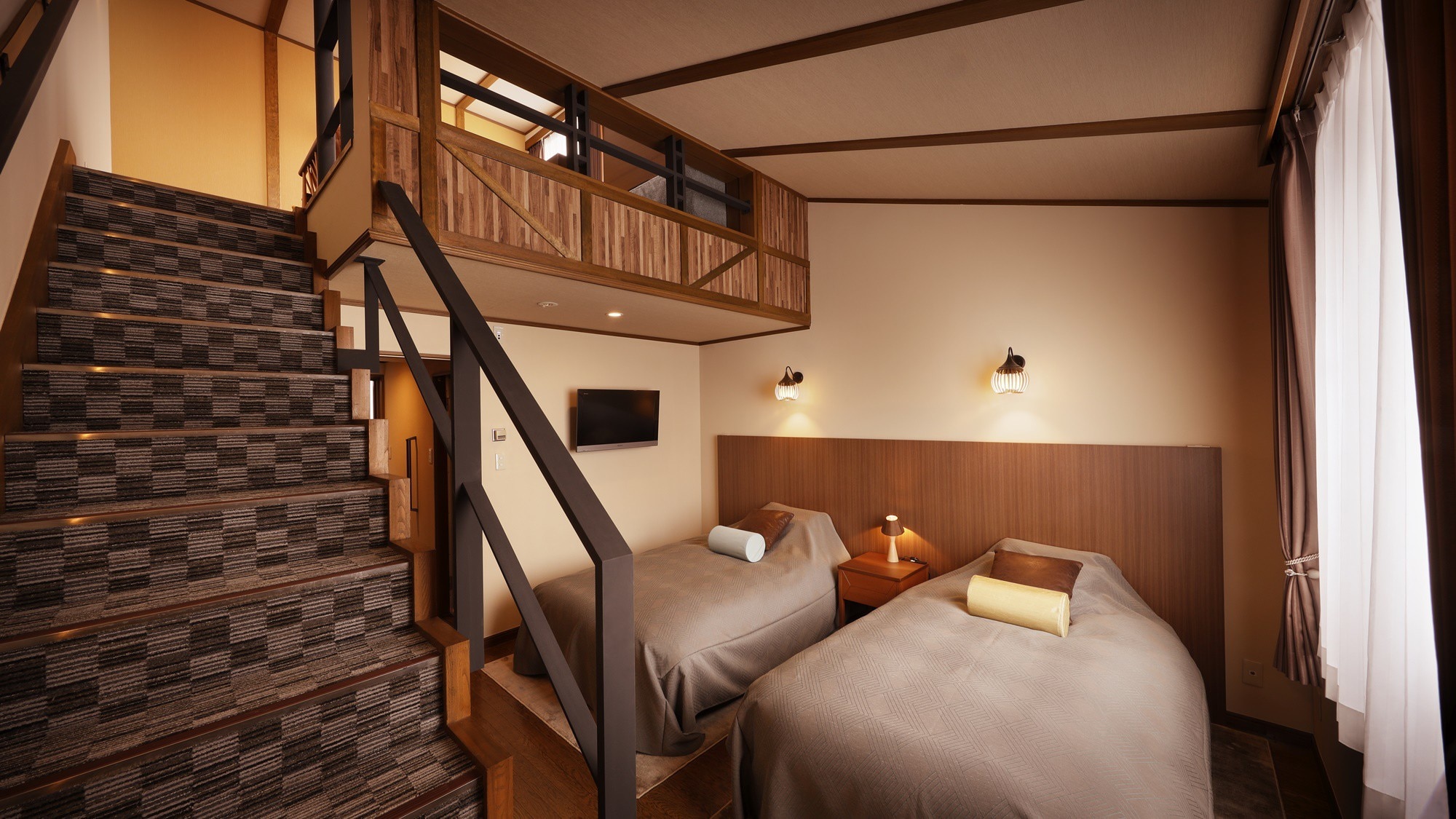 [Maisonette twin] Merupakan bangunan yang luas dan mewah dengan kamar tidur di lantai 1 dan ruang tamu di lantai 2.