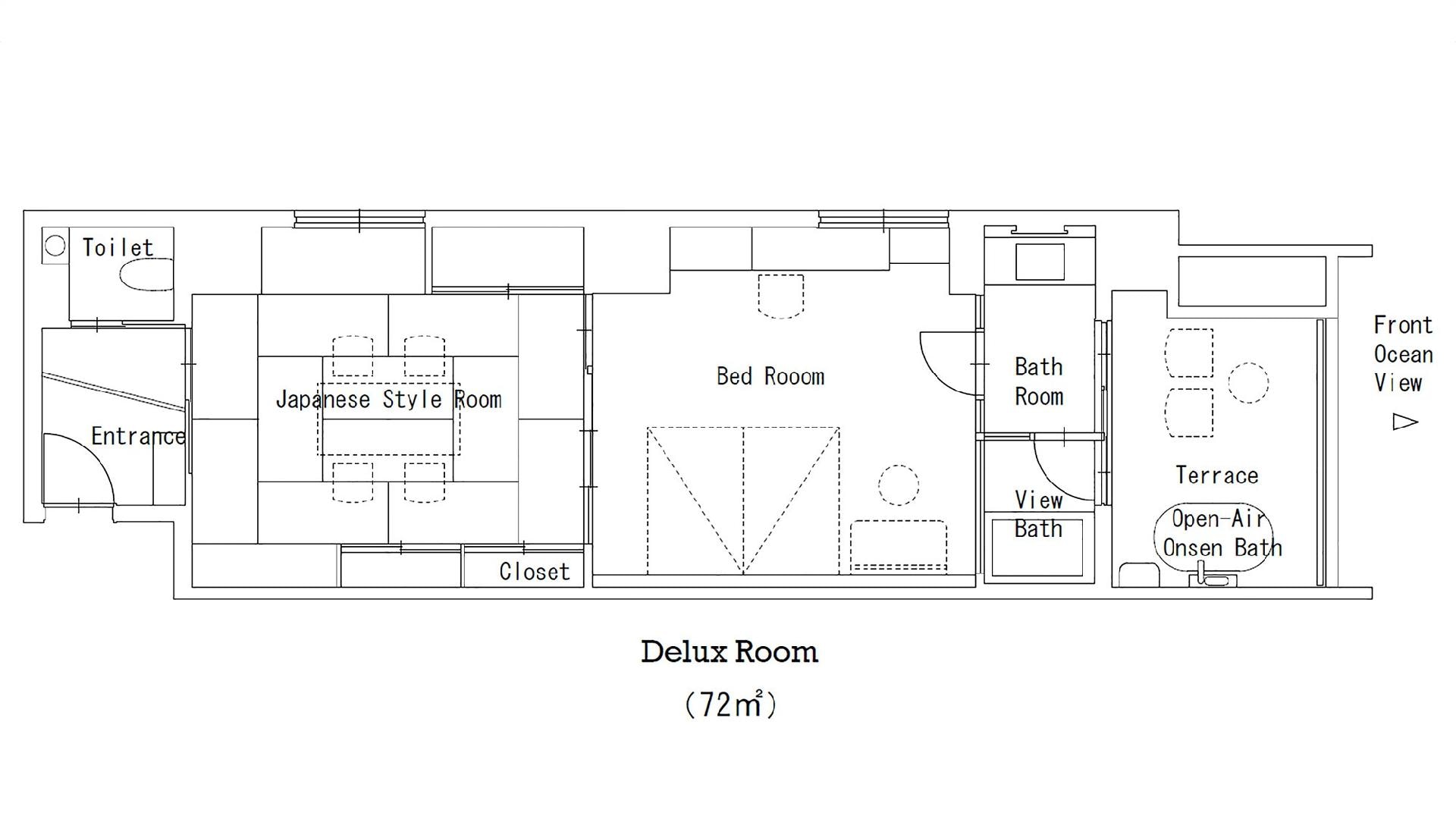 Deluxe room Japanese and Western room layout. An open-air hot spring bath is attached to the terrace overlooking the sea. View bath, bedroom, Japanese-style room with tatami mats.