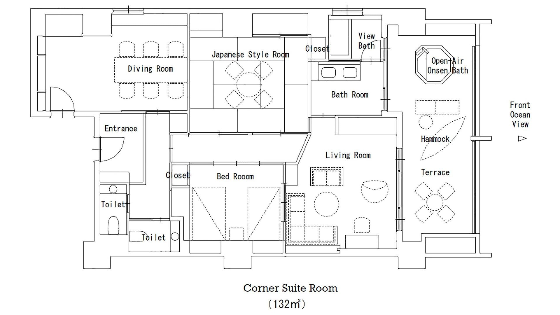 Corner suite floor plan. An open-air hot spring bath and a hammock are attached to the terrace overlooking the sea. Living room hanging chair is very popular