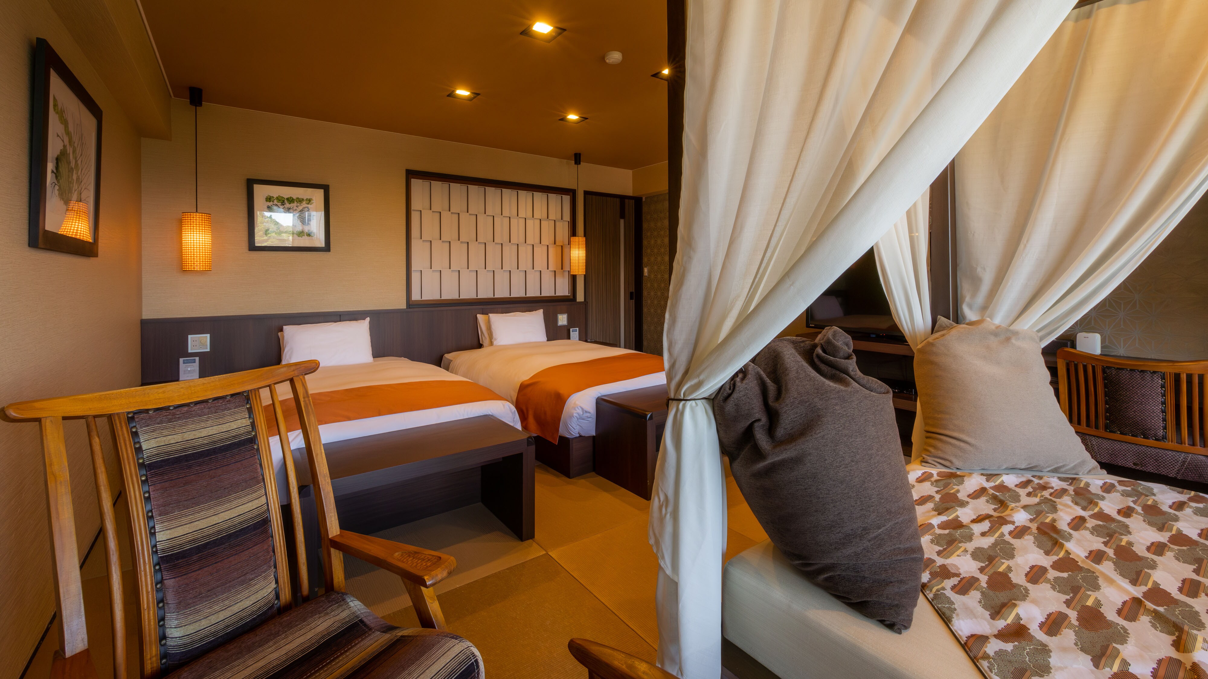 Rooms with open-air baths and ocean views, daybeds and cabins