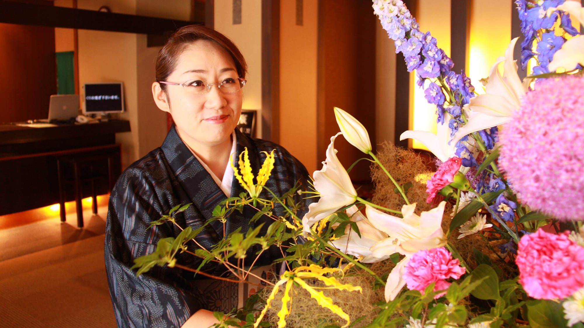 Seasonal flowers arranged by the young proprietress