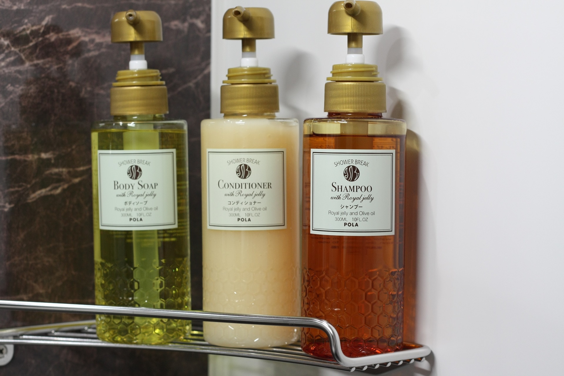 Shampoo, conditioner, body soap