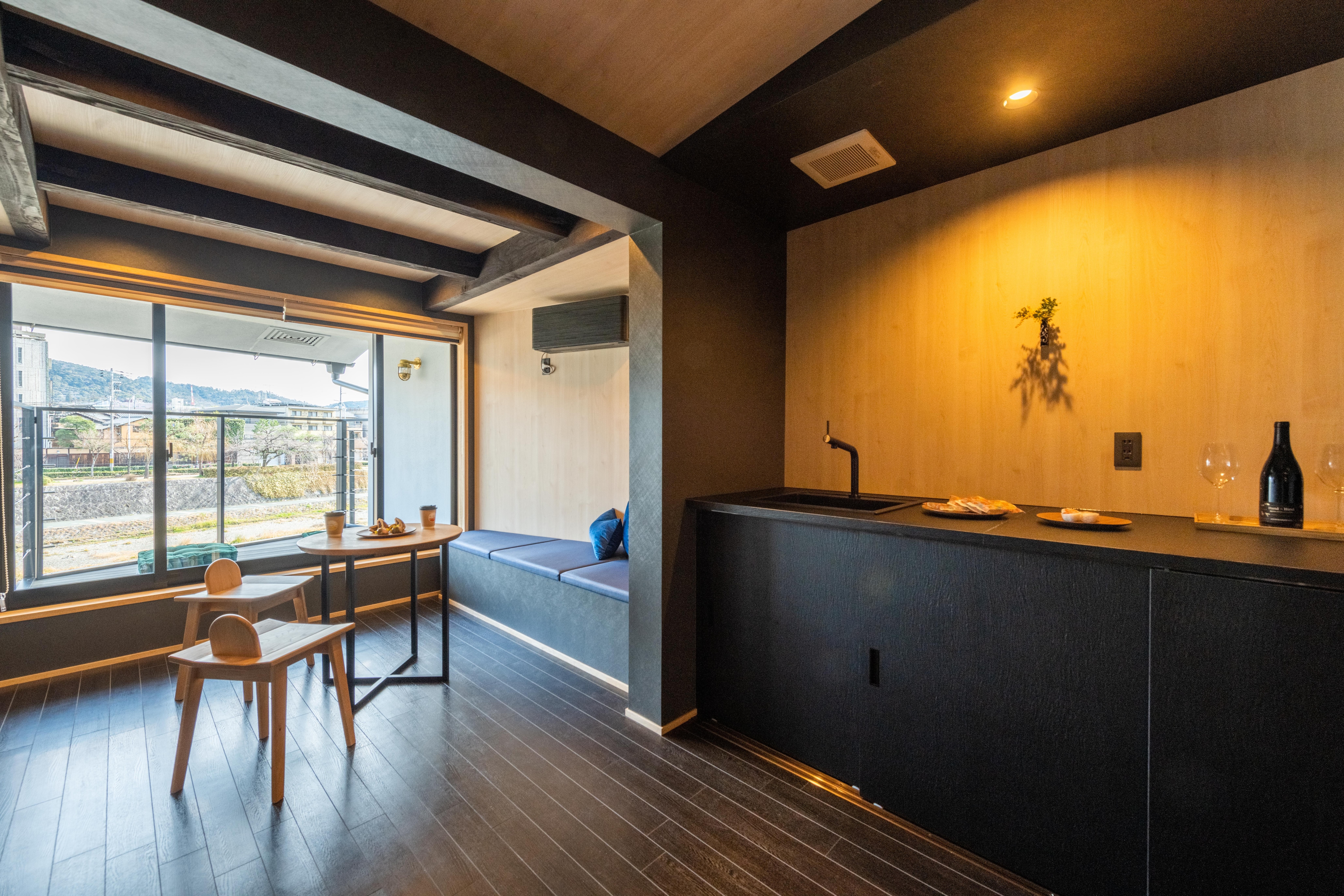 Living room overlooking the Kamo River
