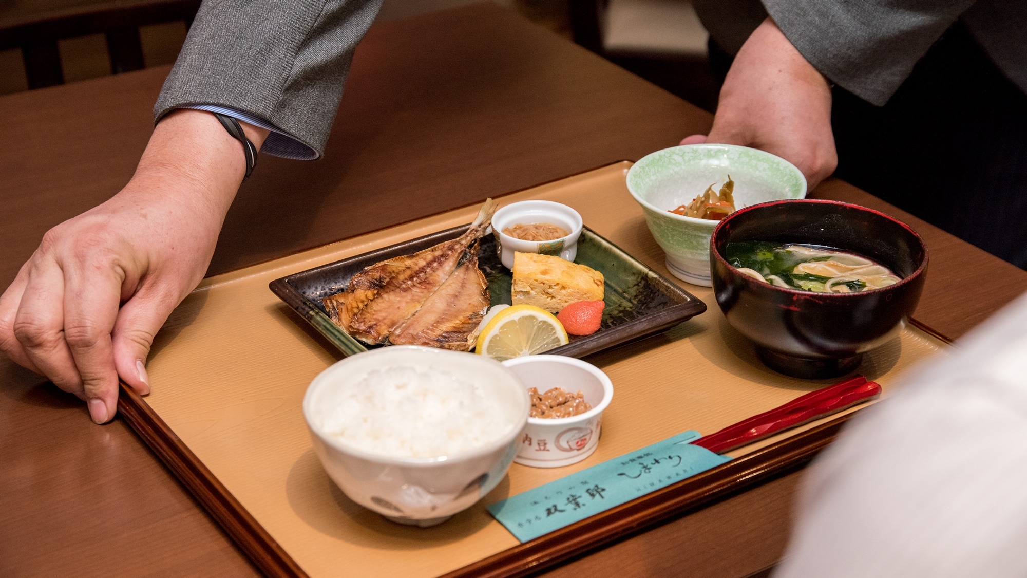 * [Breakfast example] A healthy Japanese set meal. Salads and drinks are self-service.
