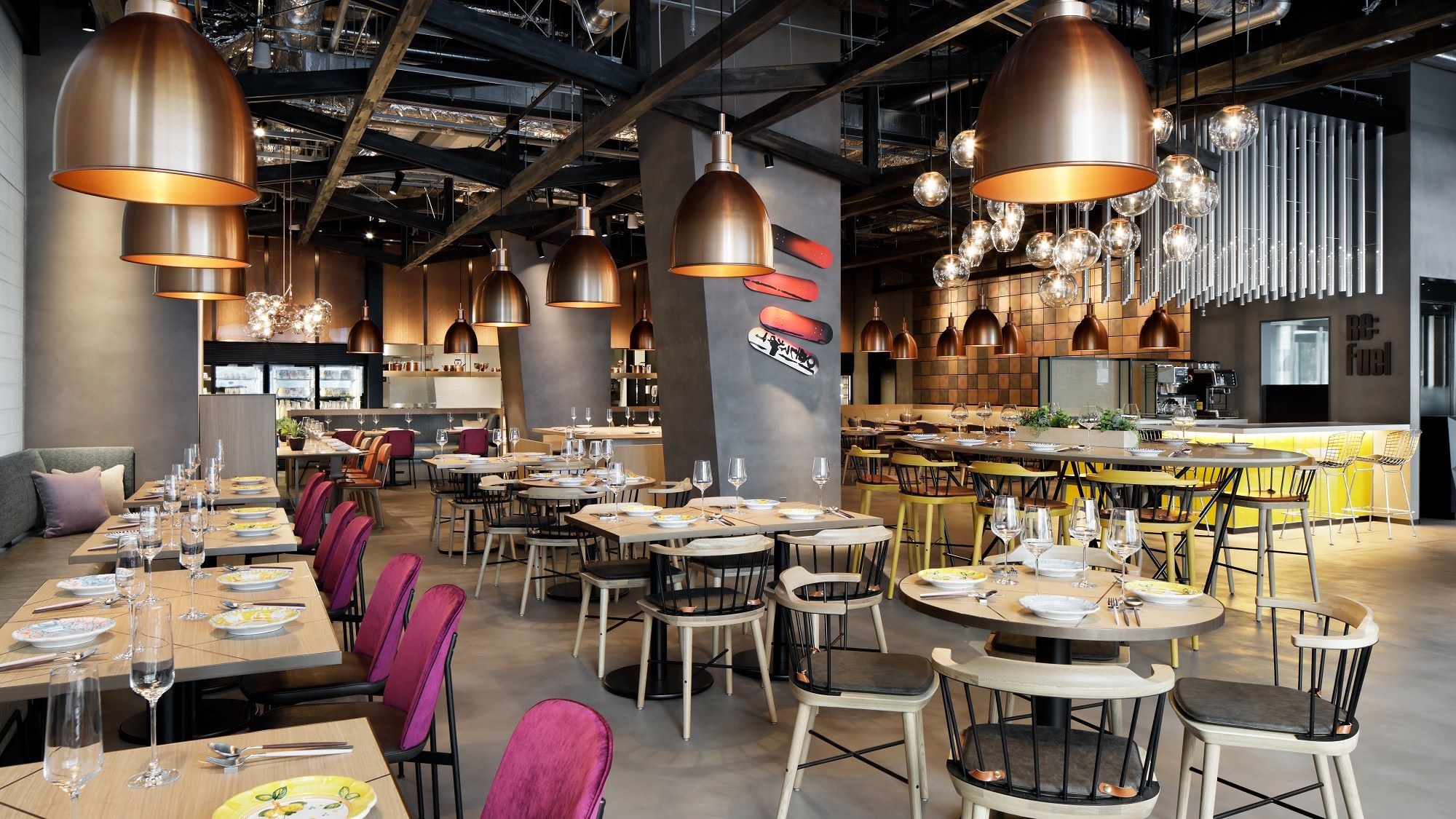 The WAREHOUSE: A casual restaurant with a colorful and playful design and layout.