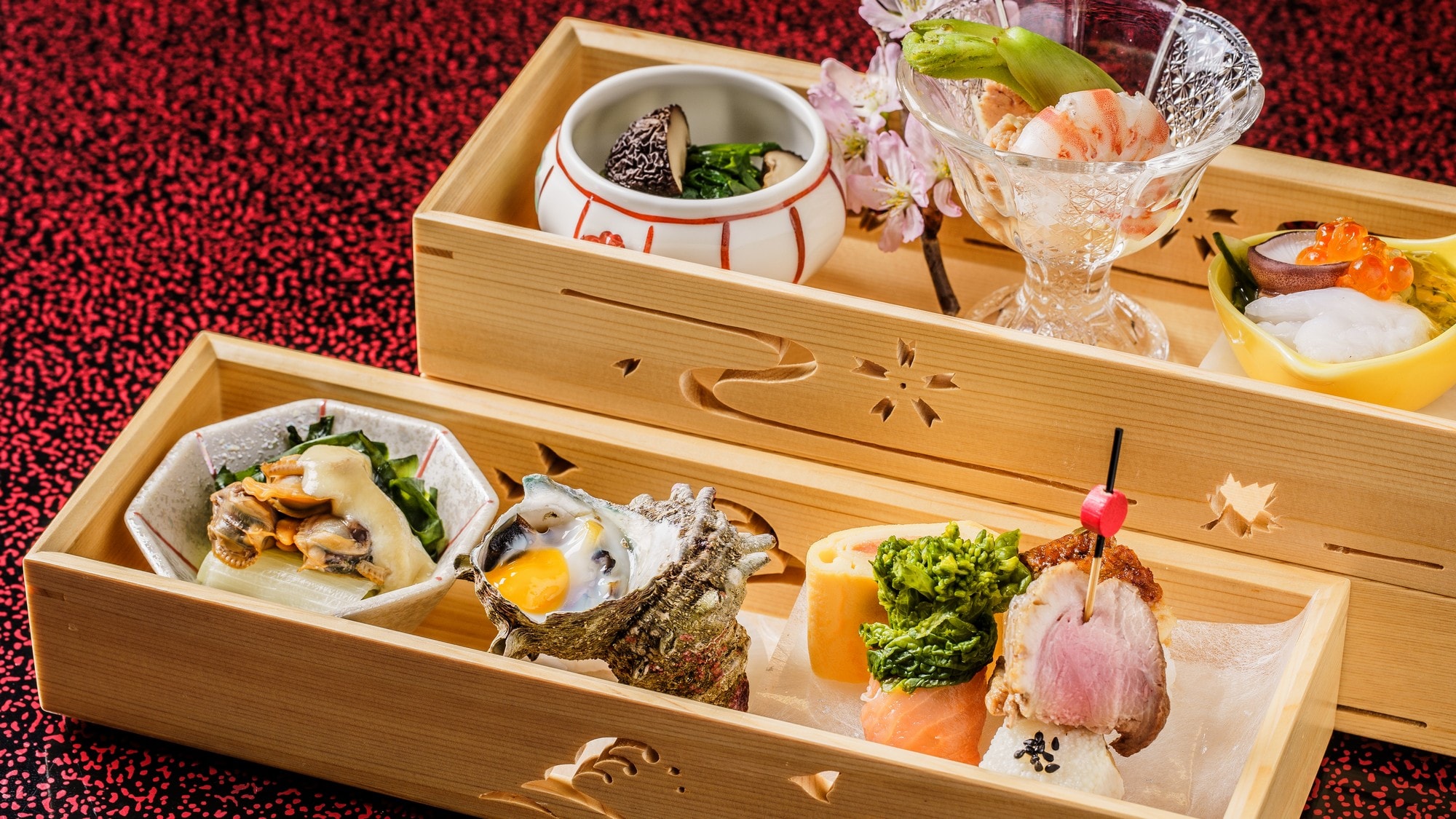 The appetizer platter is visually gorgeous, showcasing the chef's aesthetic sense.