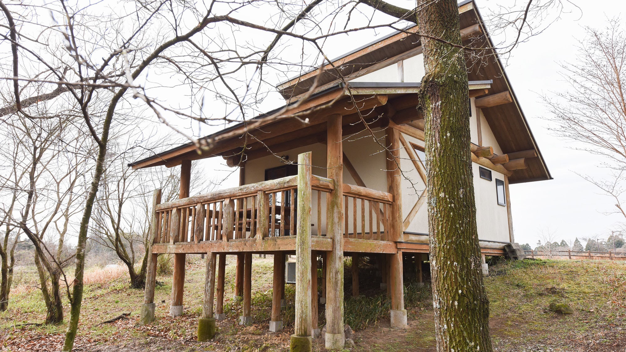 *[Exterior: Log house] Enjoy a little distance from the main building and feel like you're in a villa.