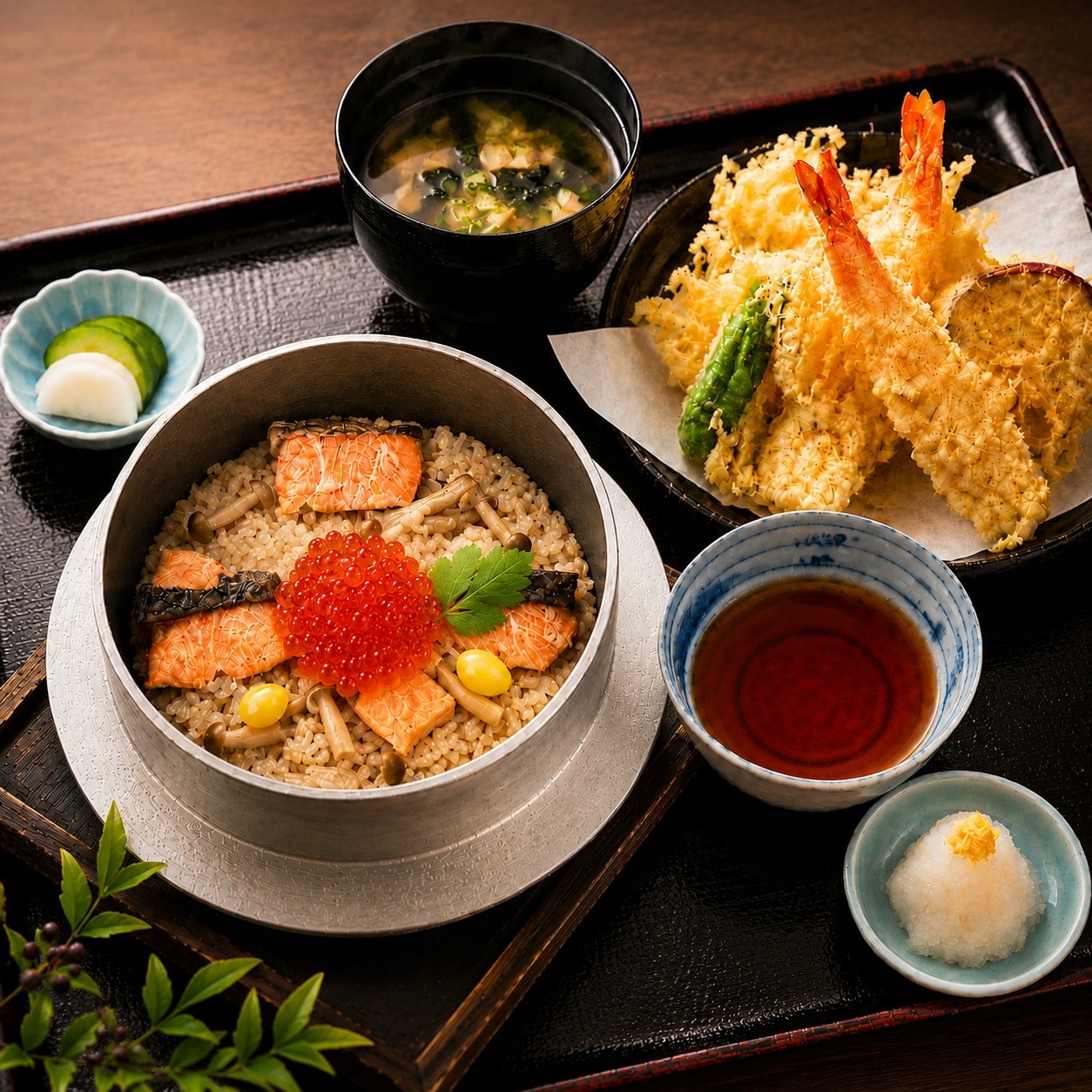 秋季鮭魚和鮭魚籽飯用鍋煮