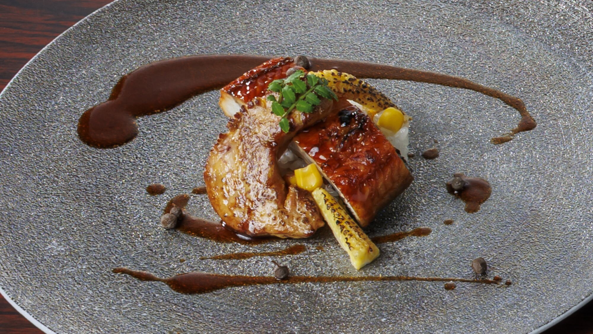 Summer Kaiseki French: Eel with Porto Rouge, foie gras, Nasu Benkei rice and corn pilaf