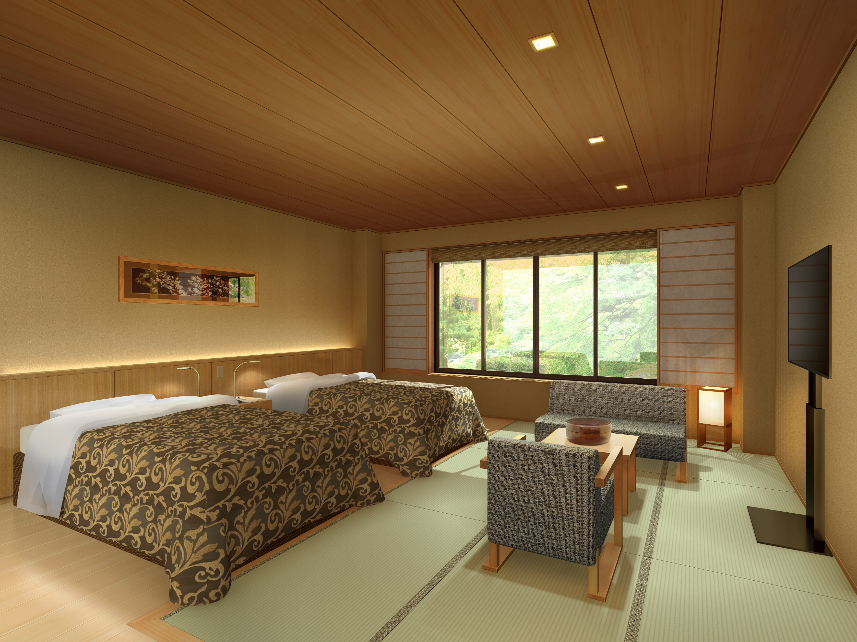 Kamar tamu modern bergaya Jepang semi-double bed yang dapat menampung hingga 3 orang