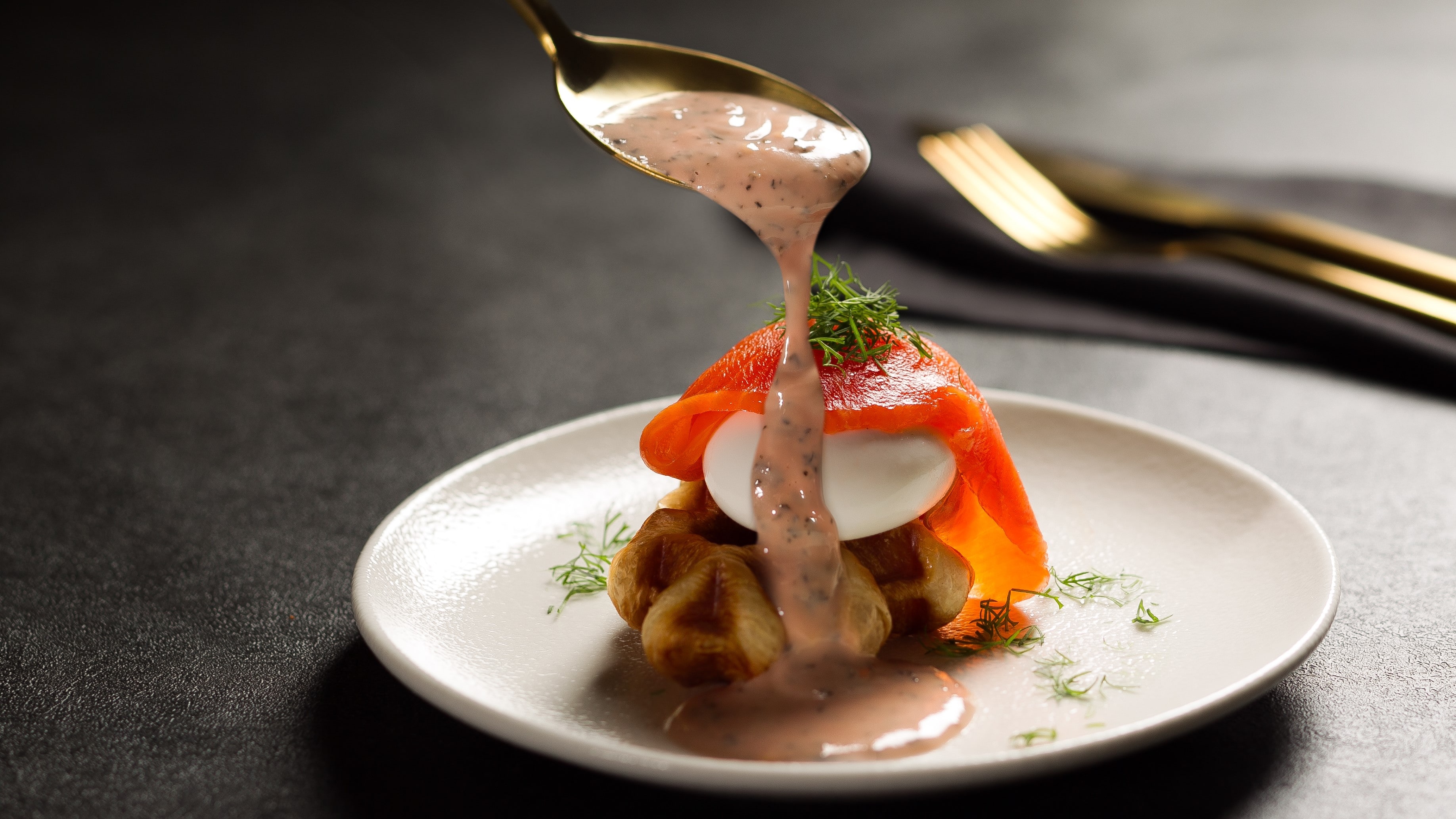 Breakfast image: Crouffle Benedict with smoked salmon