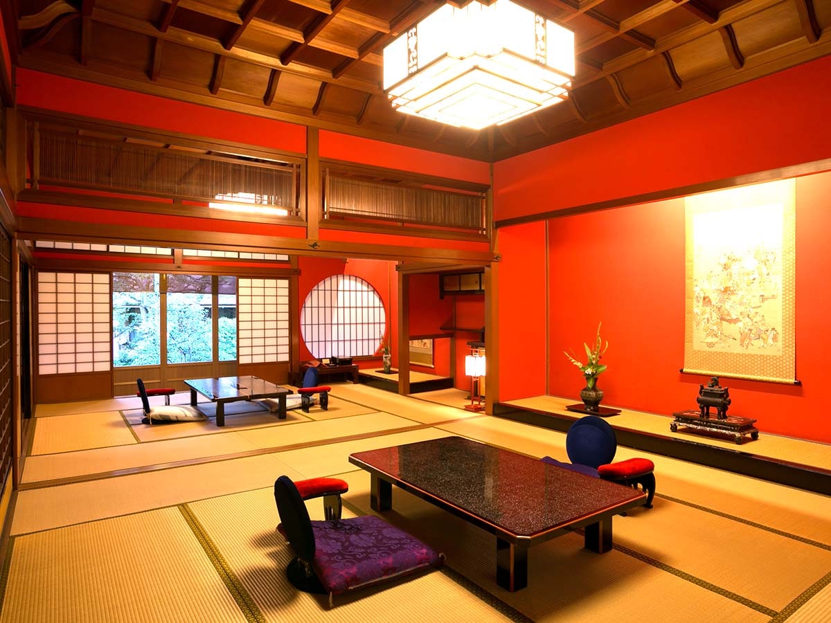 [With free-flowing hot springs / detached / Enmeikaku] The detached "Enmeikaku" located in the center of the Japanese garden is an important cultural property of the country.