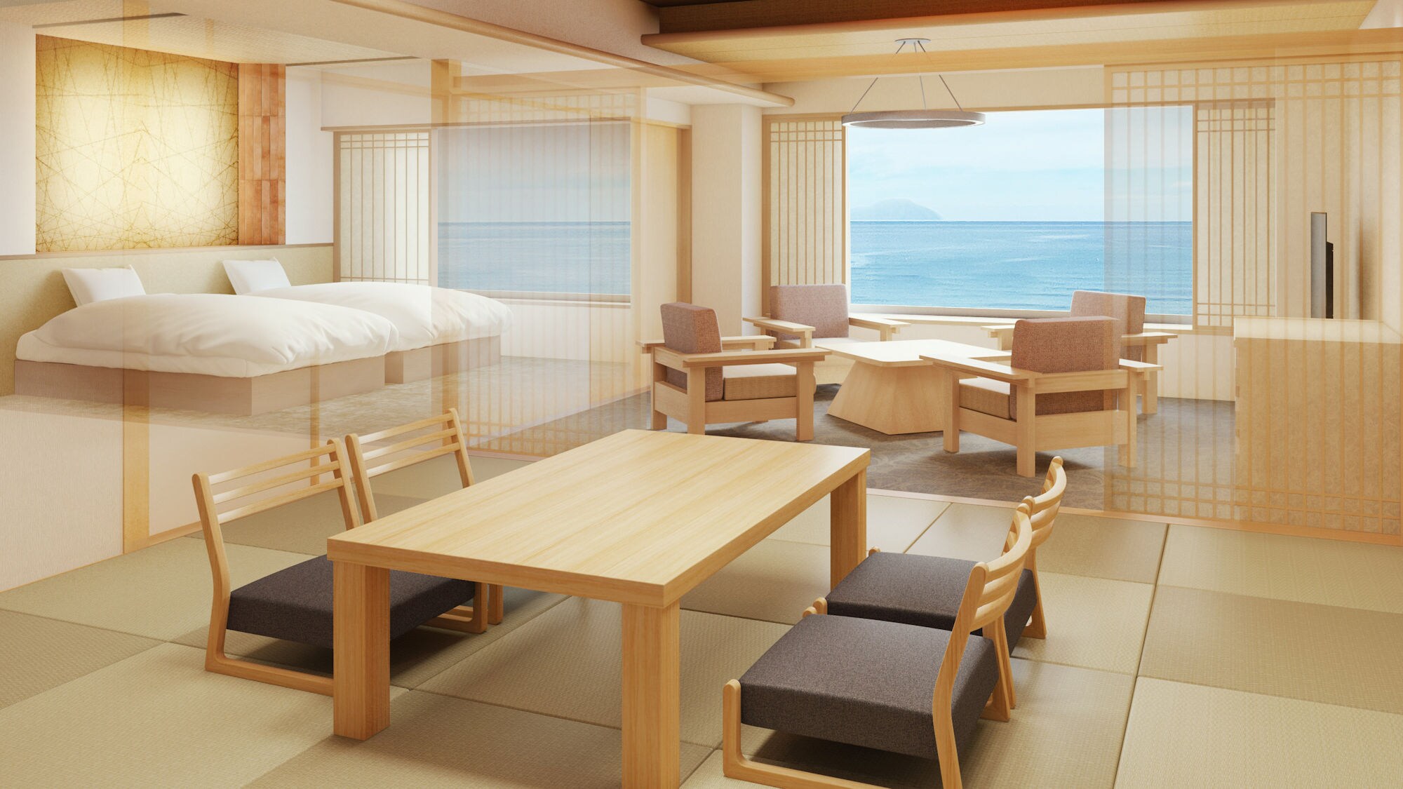 ห้องสวีทสไตล์ญี่ปุ่นผสมตะวันตกแบบโมเดิร์นพร้อมวิวทิวทัศน์อันสวยงาม "ชิสุกุ" (77 ตารางเมตร)