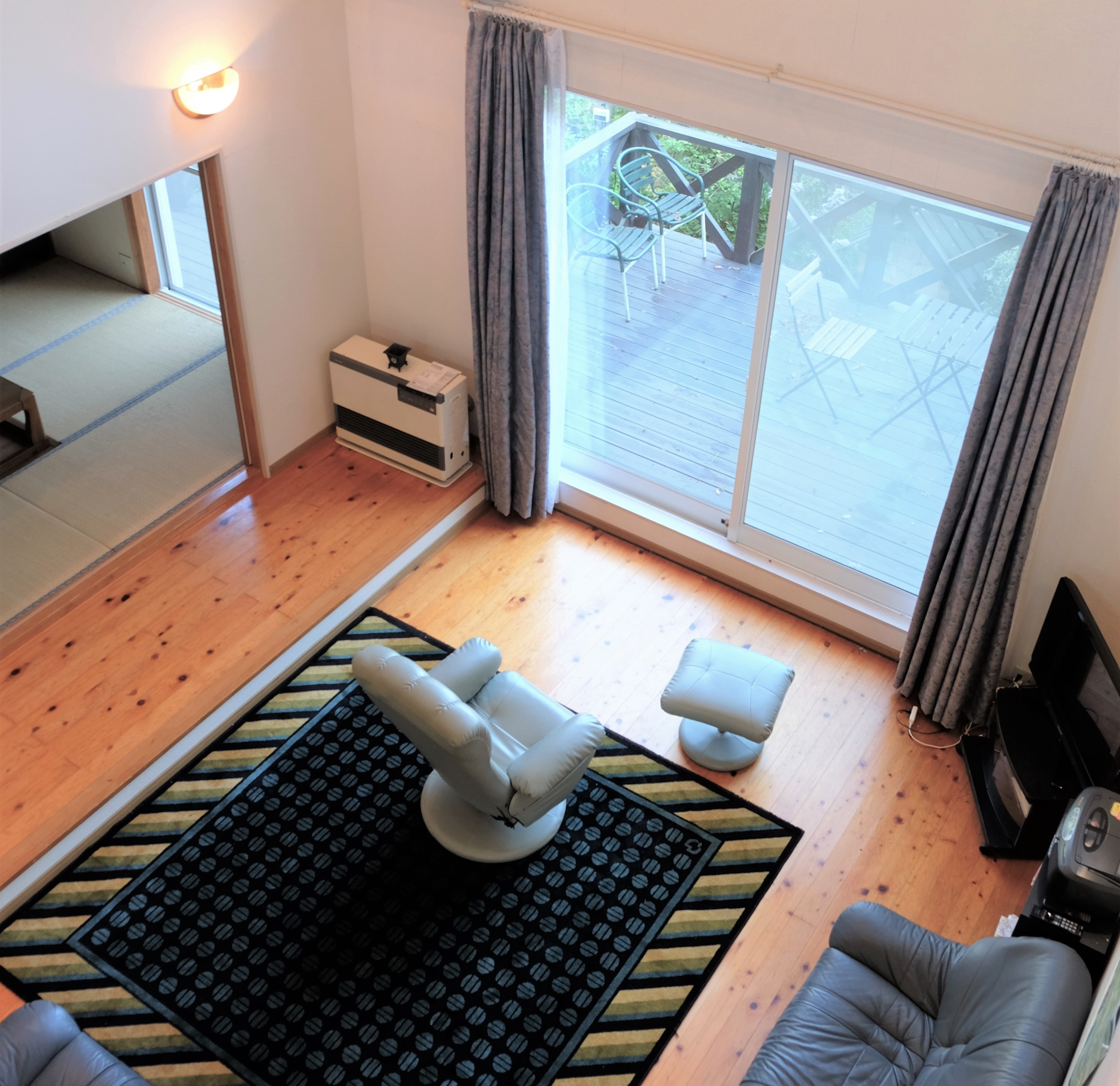 A view of the living room from the mezzanine floor.