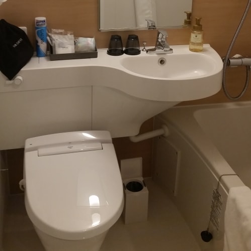 The bath and toilet are unit baths together