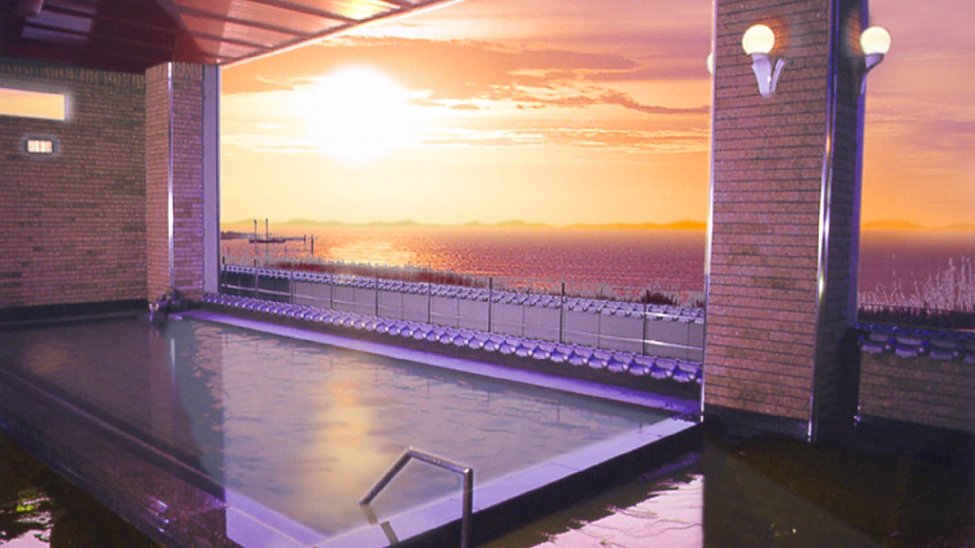 *Large public bath "Mikami no Yu/open-air bath" Enjoy the sunset over Lake Biwa, chosen as one of the top 100 sunsets in Japan... and relax in this famous hot spring.