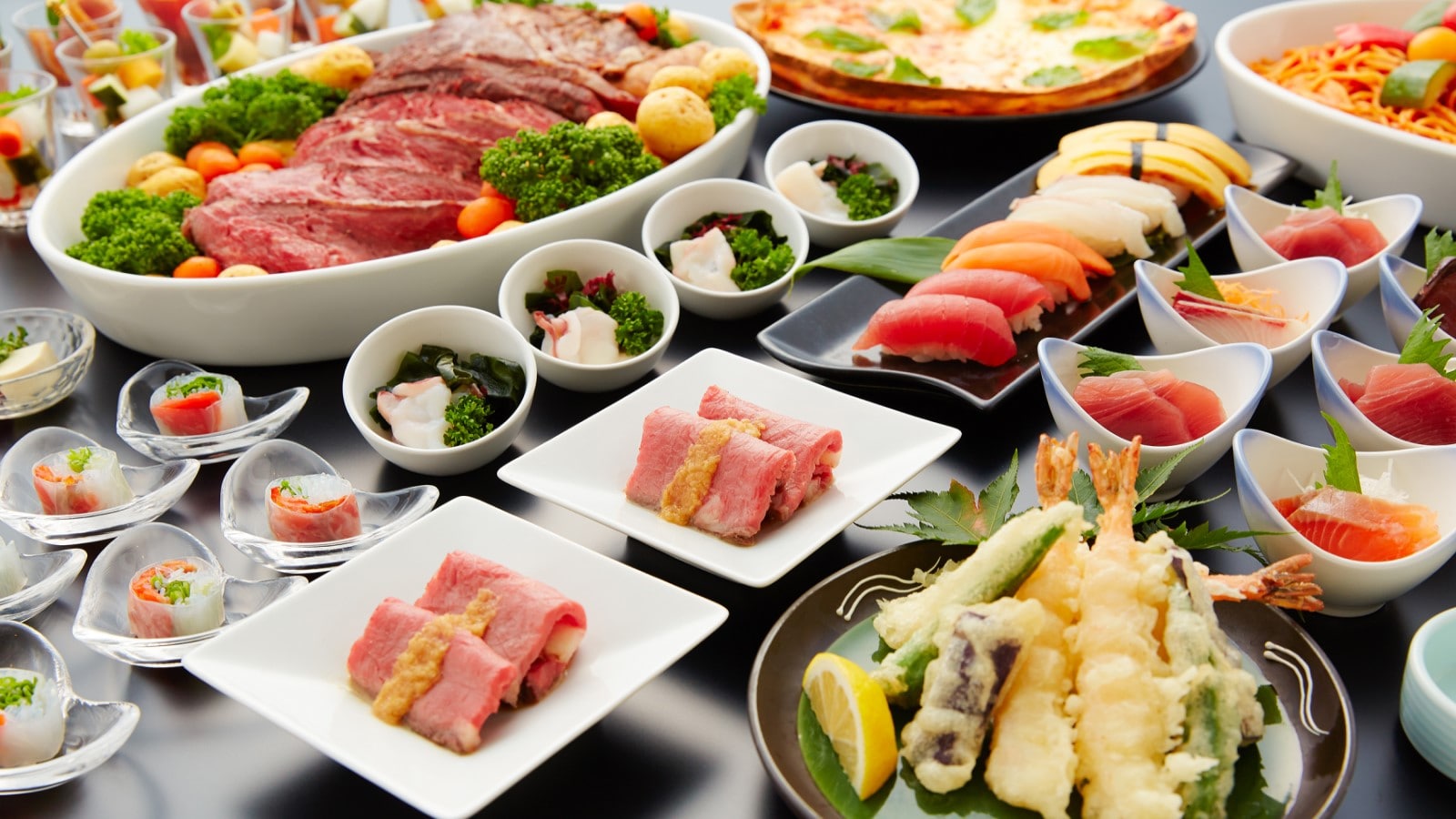 Premium buffet with about 50 types. All-you-can-eat sushi, tempura, desserts, and more. All you can drink soft drinks♪